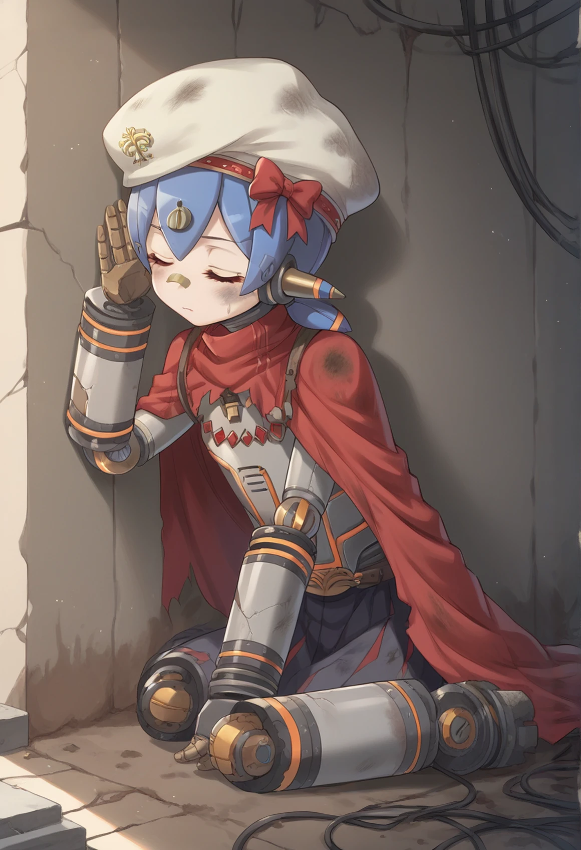 1girl, humanoid robot, robot joints, robot ears, mechanical hair, blue hair, orange eyes, low twintails, hair ornament, bandaid on nose, mechanical arms, mechanical legs, beret, cape, closed eyes, indoors, ruins, broken, sitting, against wall, relax, abandoned, mud, dirty, moss, torn clothes, dirty clothes, amputee, cable, close-up <lora:Poppi_Alpha:1>, score_9, score_8_up, score_7_up, score_6_up, score_5_up, score_4_up, BREAK source_anime, masterpiece