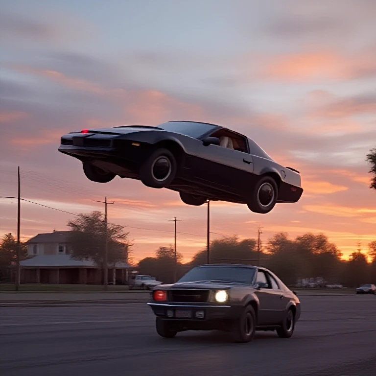 from side, a car flying in high sky above camper van, kitt from knight rider, matte black pontiac trans am, streamline bodywork, a red scan light bar, glow effect, the driver is in the car, crossroads, wide street in usa, low house, motion blur, sunset, <lora:KittfromKnightRider:1>