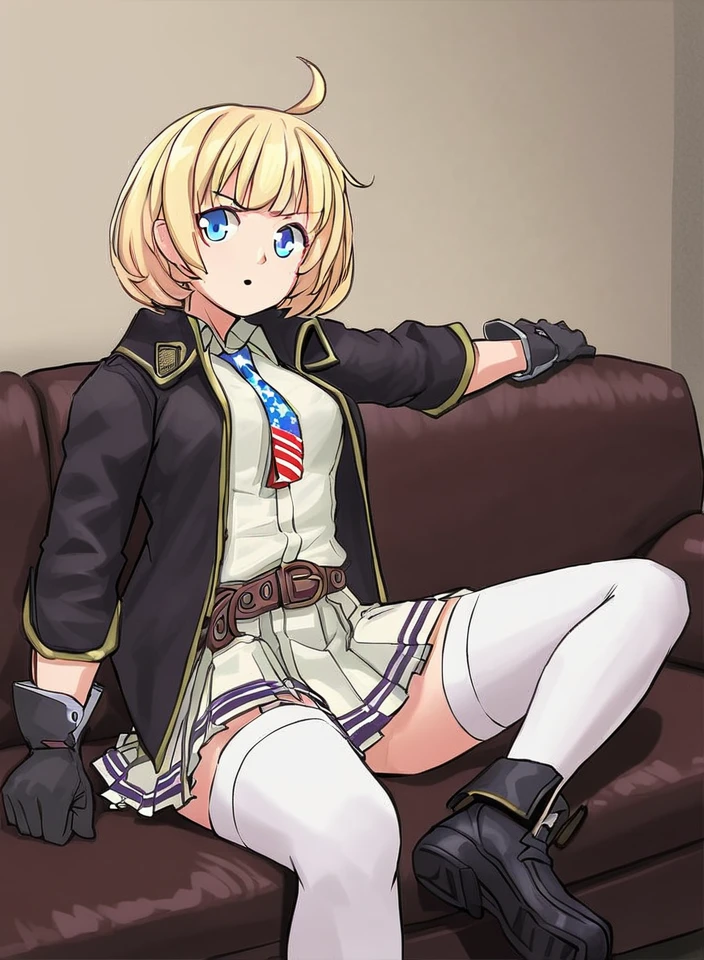 <lora:M1911_Girls_Frontline  (PONY):1> m1911, american flag tie, blue_eyes, blonde_hair, short_hair, bangs, gloves, jacket, shirt, ahoge, pleated_skirt, belt, black footwear, white thighhighs, solo living room setting, sitting on couch