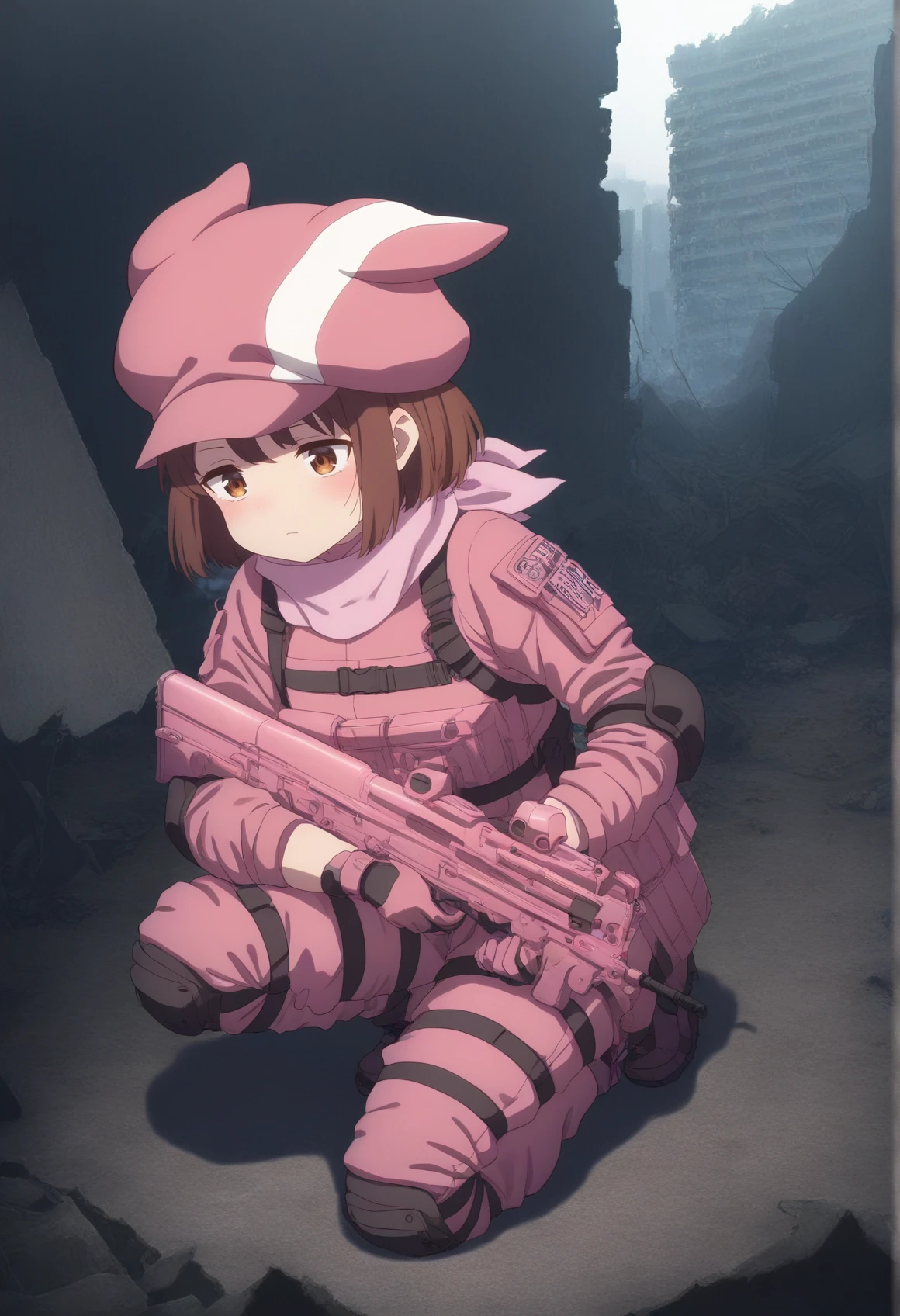 1girl, brown hair, short hair, brown eyes, pink animal hat, pink scarf, pink tactical clothes, harness, gloves, knee pads, elbow pads, p90, on one knee, outdoors, post-apocalypse, ruins <lora:Llenn_Illus:0.7>, masterpiece, best quality, amazing quality, very aesthetic, absurdres, highres, newest