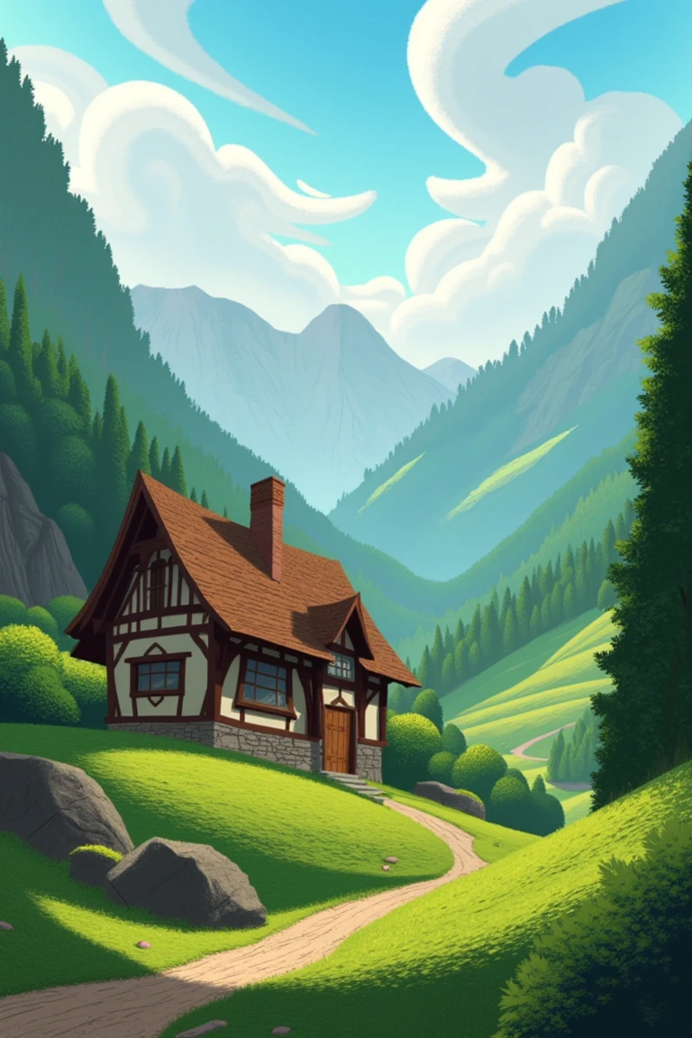 A quaint cottage in a secluded mountain valley, clouds