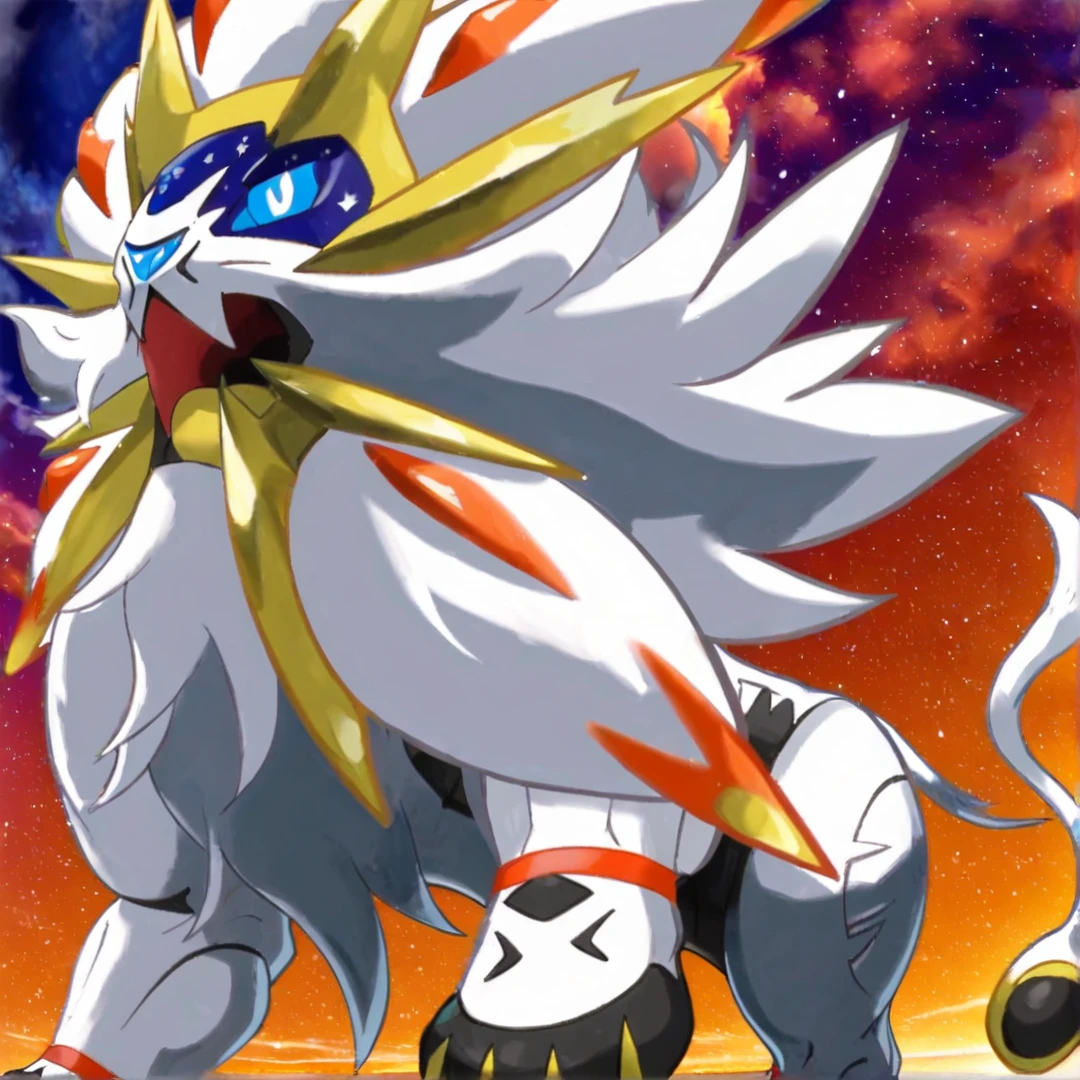 <lora:Solgaleo:1>, solgaleo, is a large, white pokÃ©mon resembling a lion, has a blunt muzzle, with a blue-gray nose, and pale blue eyes, the top half of its face is a deep blue area, that shows a constantly changing starscape, four yellow spikes, head like a crown, two more pairs of spikes adorn either side of its lower jaw, Solid ridgesâred nearest its head, and yellow pokes out of each tuft along the middle, except on the tufts on its cheeks and chin, topmost part wrapping around the tip of the tuft, its mane creates the impression of a stylized sun, around each leg is a dark orange band, a black spot on each foot, it has three black toes, on each foot with long yellow claws, at the tip of its tail, is a large black spot, with a thin yellow rim, solo, in a park, running, looking at viewer, high in the sky