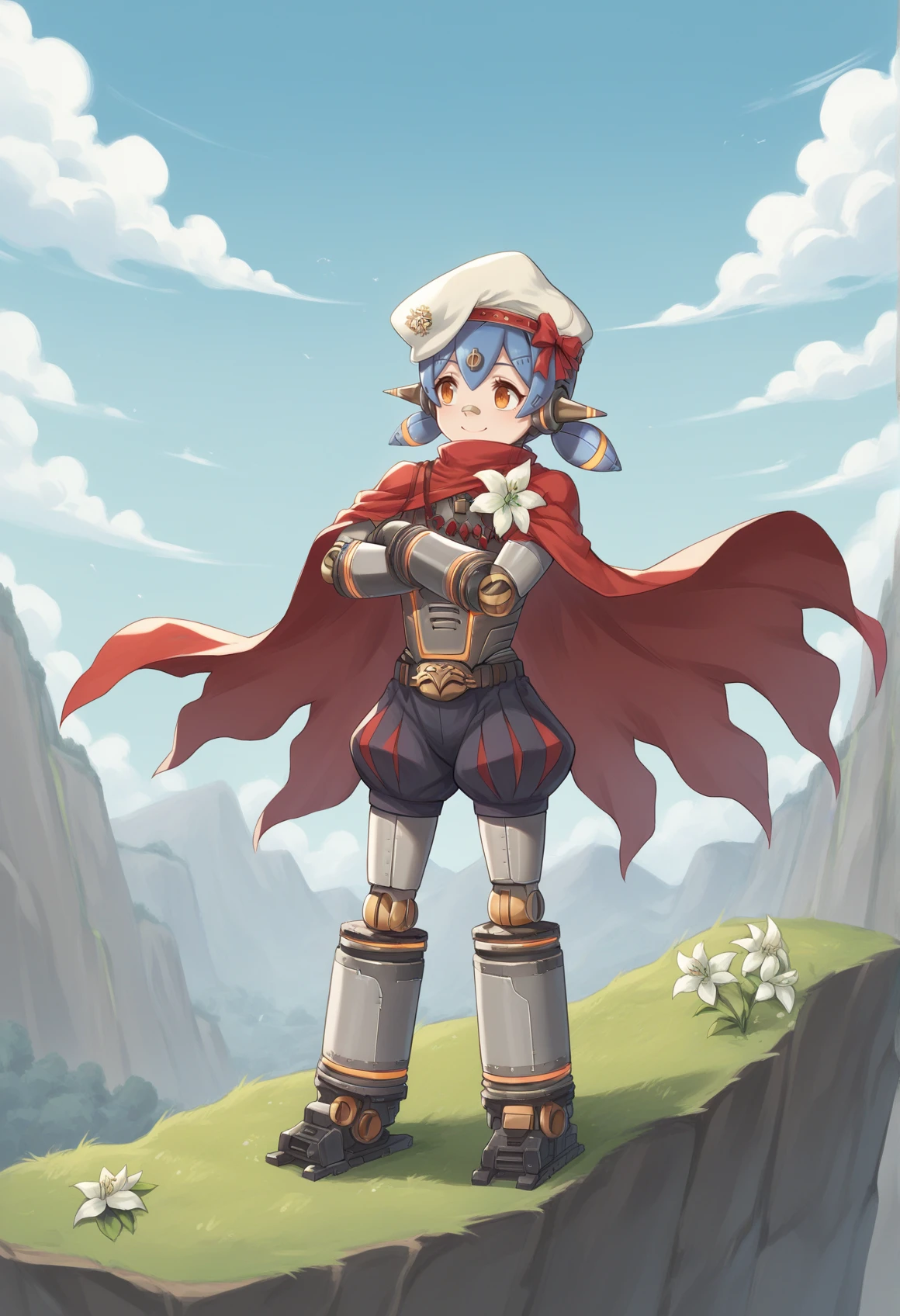 1girl, humanoid robot, robot joints, robot ears, mechanical hair, blue hair, orange eyes, low twintails, hair ornament, bandaid on nose, mechanical arms, mechanical legs, beret, cape, flower, bloomers, crossed arms, smile, closed mouth, wind, cliff <lora:Poppi_Alpha:1>, score_9, score_8_up, score_7_up, score_6_up, score_5_up, score_4_up, BREAK source_anime, masterpiece