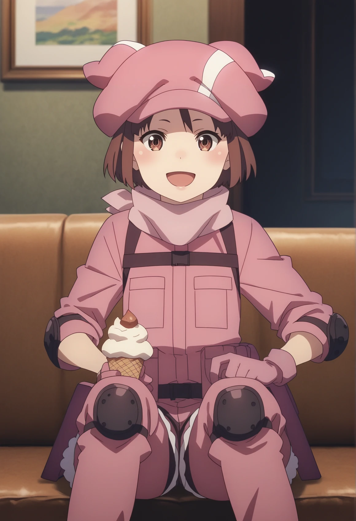 1girl, brown hair, short hair, brown eyes, pink animal hat, pink scarf, pink tactical clothes, harness, gloves, knee pads, elbow pads, indoors, living room sitting, couch, holding icecream cone, anime screencap, happy  <lora:LLENN_very_anime:1>, score_9, score_8_up, score_7_up, score_6_up, score_5_up, score_4_up, BREAK source_anime, masterpiece