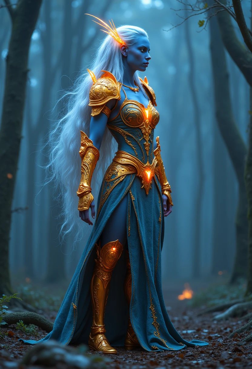 full body shot ,full body of a fierce elf warrior with glowing golden armor, ethereal blue skin, flowing silver hair. Set against a twilight forest background, the scene is illuminated by soft, mystical light filtering through the trees. The elf's armor is intricately designed with magical runes, slightly worn from battle, but still radiating power. capturing the intense gaze and elegance of the warrior.  from behind, Highly detailed, 8k resolution, fantasy realism, mystical atmosphere, dramatic lighting, enchanted environment. (( VIEW from behind )) dquarkeen <lora:FLUX_DQuarkeen_LoRA-000003:1>