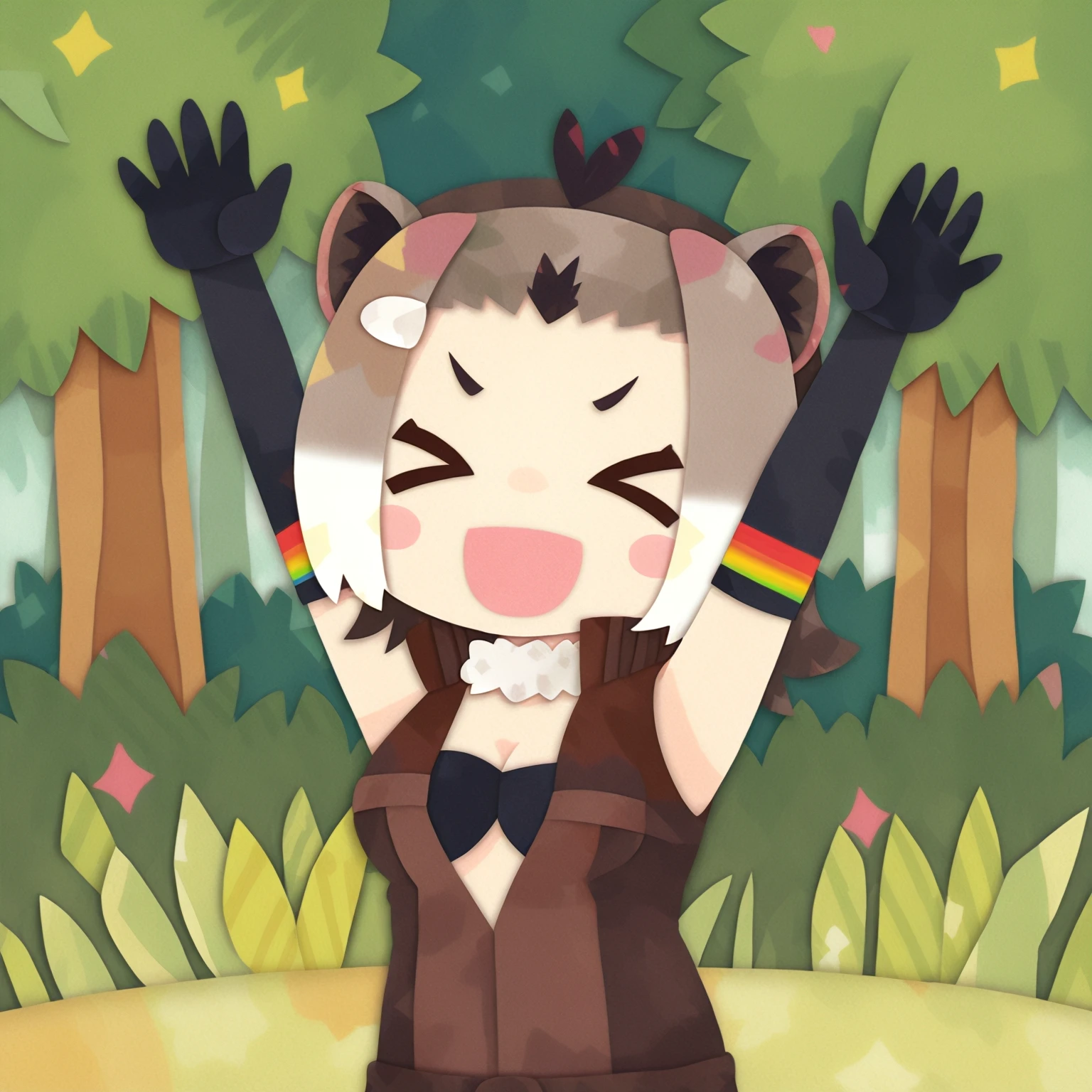 faux traditional media, 1girl, solo, american beaver \(kemono friends\), smile, \> \<, arm raised, black gloves, upper body, outdoors, forest, masterpiece, best quality
<lora:artist-kikuchi-milo-illust:1>