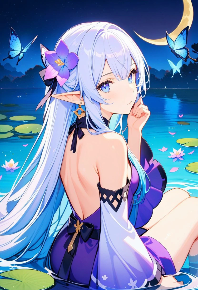 masterpiece,best quality,1girl,solo,long hair,looking at viewer,bangs,blue eyes,hair ornament,dress,bow,bare shoulders,jewelry,sitting,very long hair,closed mouth,flower,white hair,earrings,detached sleeves,sky,pointy ears,looking back,hair flower,water,petals,night,animal,moon,bug,elf,butterfly,night sky,purple dress,full moon,backless outfit,purple flower,crescent moon,blue butterfly,lily pad,