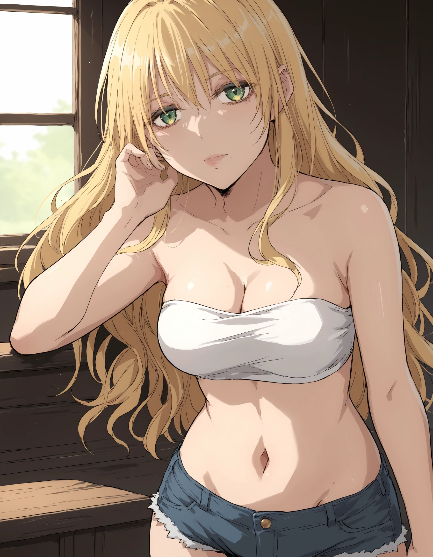 score_9, score_8_up, score_7_up, source_anime
BREAK 1girl, solo, <lora:SisterXL-v2:0.9>, s1s, blonde hair, green eyes, white bandeau, cleavage, midriff, navel, cutoffs, looking at viewer, cowboy shot