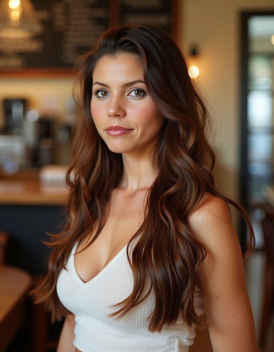 <lora:Cordelia_Chase_Flux:1> The image is a photograph of a young woman in her early 20s, long loosely styled brown hair, natural makeup look with a focus on her lips, high cheekbones, poised expression with a slight smile. standing in a cafe