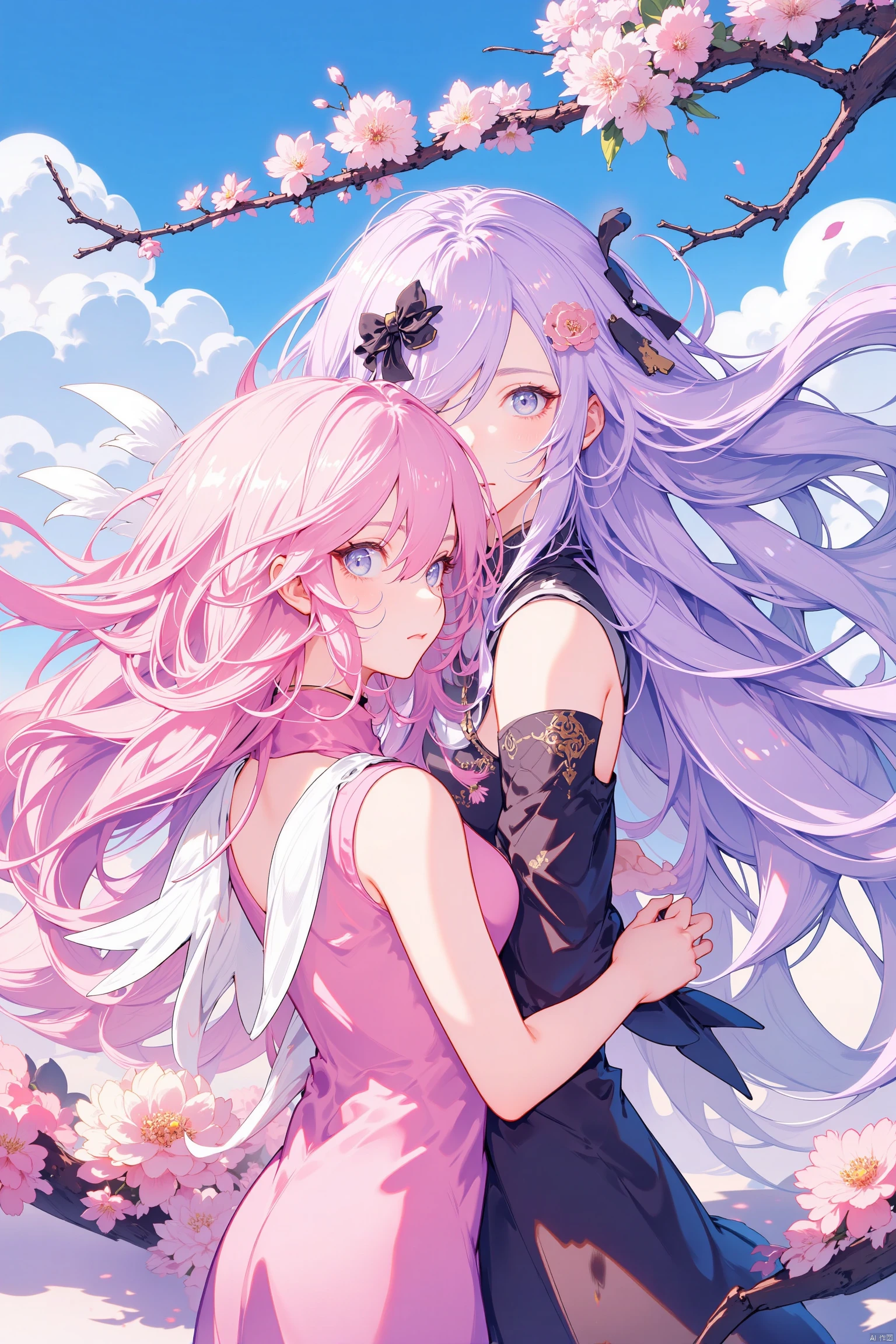 An animated image of two women with long pink hair. The woman on the left is wearing a pink dress with white wings on her shoulders. She is also wearing a black dress with a black bow on her head. The other woman has long purple hair with white flowers on it. Her hair is blowing in the wind. The sky is blue with white clouds. There are pink flowers on the branches above the women.