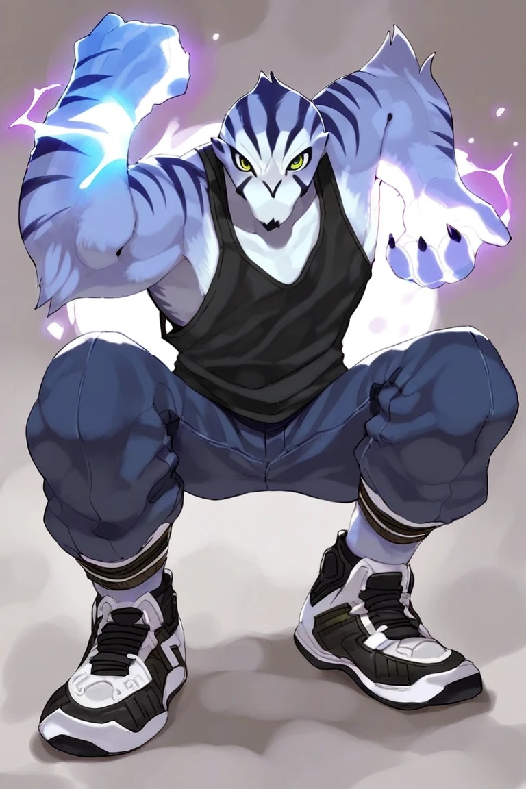 score_9, score_8_up, score_7_up, anime origin, alien rook blonko, dark blue fur, physically fit, tank top, pants, shoes, fighting pose, energy sphere in hands, Kame hame ha, full body, looking at viewer, front view