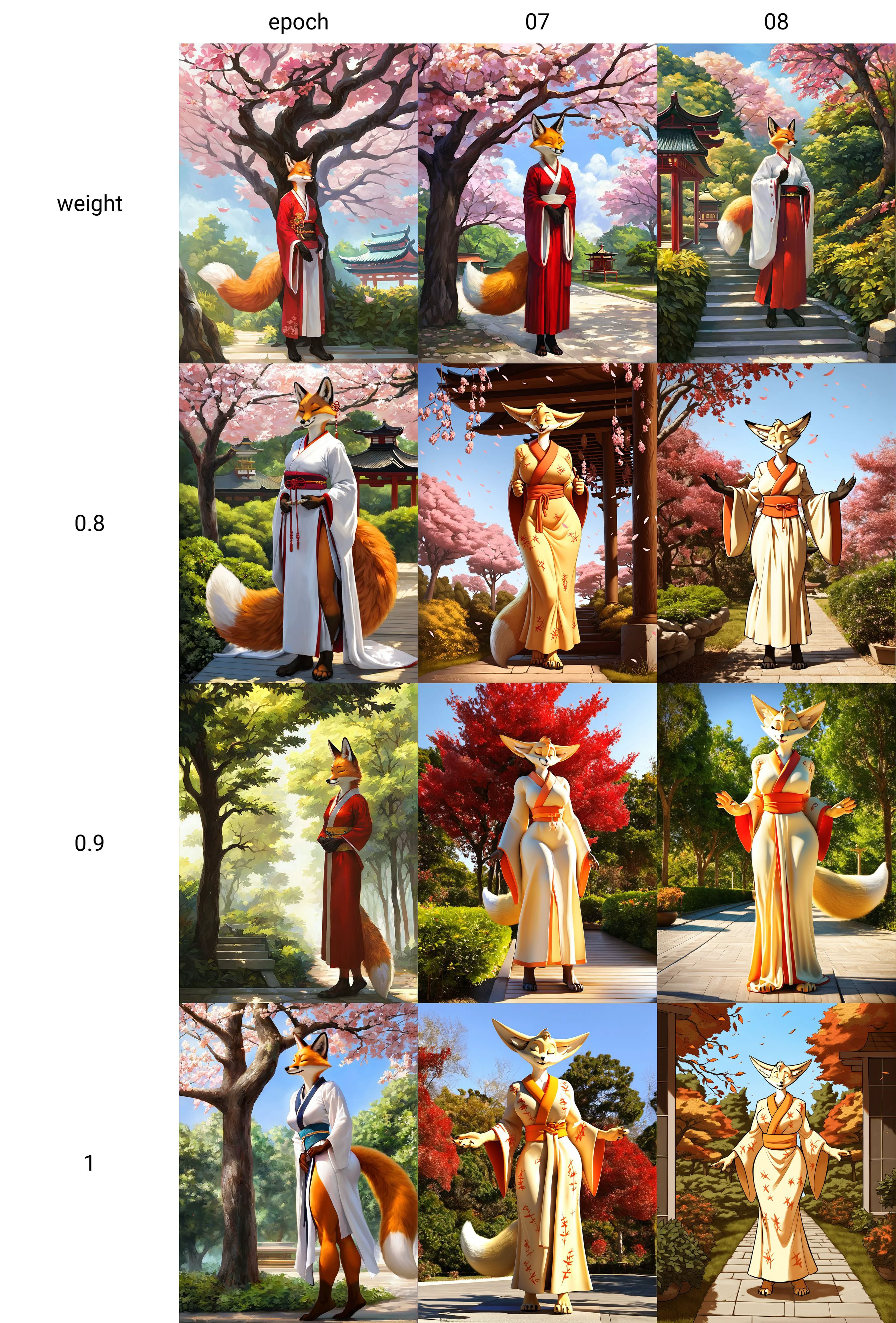 score_9, score_8_up, score_7_up, source_furry, ((masterpiece)), best quality, 1girl, solo, standing outside, (anthro, fox), (detailed background, asian, asian tree, asian park), (full body, emotion face, closed eyes), huge humanoid long feet, barefoot, day,  asian clothes,  <lora:Kimota_ZP92_PDXL_V1-epoch:weight>  Kimota,