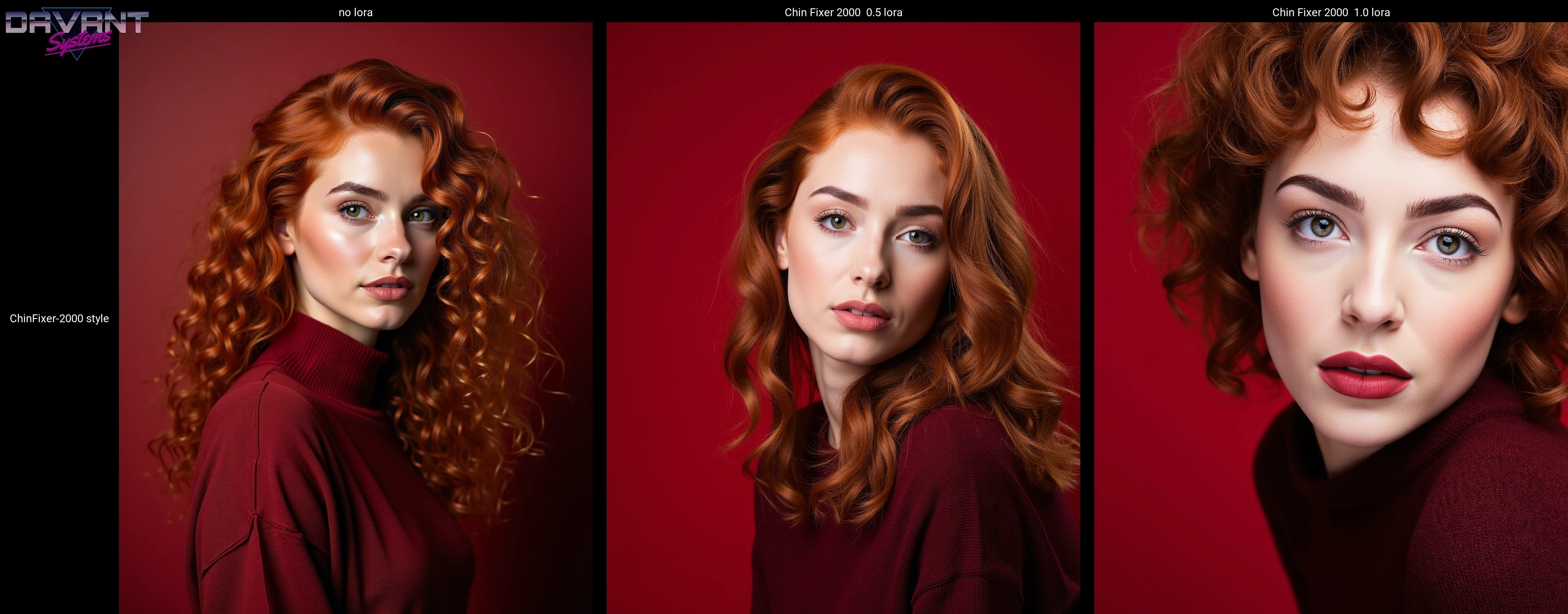 gorgeous woman close up portrait photo,curly red hair, wearing a dark red sweater ChinFixer-2000 style , studio photo, rembrandt lighting, flat red background<lora:Flux\chinfixer-2000.safetensors:1.0:1.0>