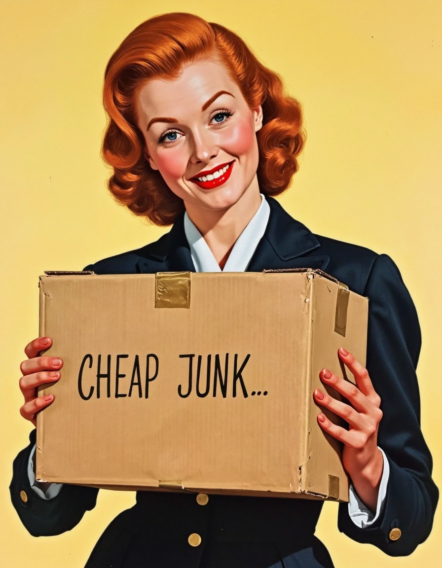 1952 cover photorealism illustration, a woman is holding a box labeled CHEAP JUNK written in permanent marker, sloppy handwriting