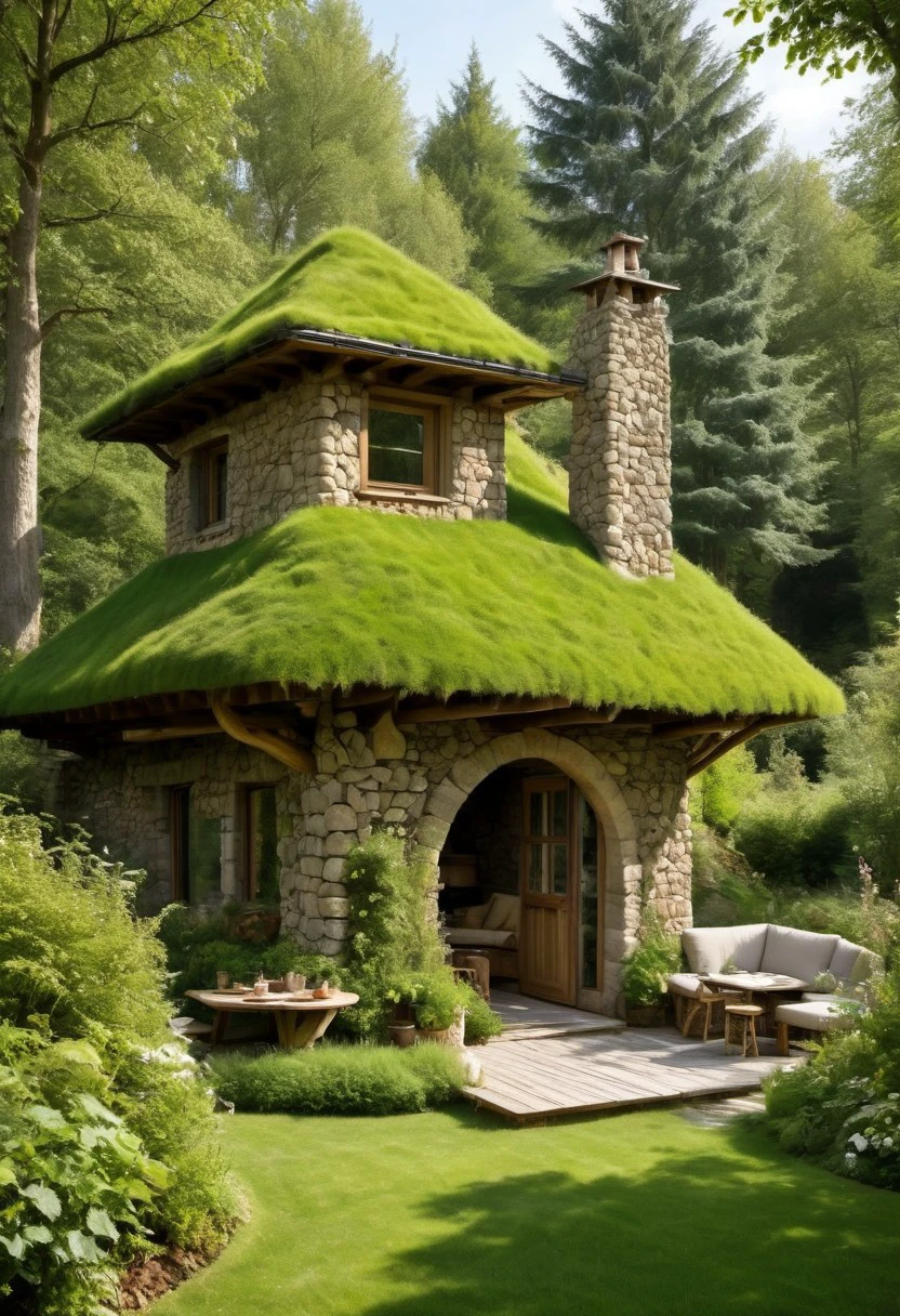 in front hangs a one-story fabulously magical house of a fairy, a wizard, a wizard, built of stone, covered and merged with nature, the roof reaches the ground and is completely covered with grass and green grass, a large veranda. in front of a table and chairs made from the branches of bushes and trees, deck chair type, large barbecue, windows, stone chimney, spacious inside, avant-garde ecologically independent house merging with nature, built from natural materials found in nature, fantastically fabulous style, photorealism, sense of harmony and tranquility, relaxation, fantasy and magic