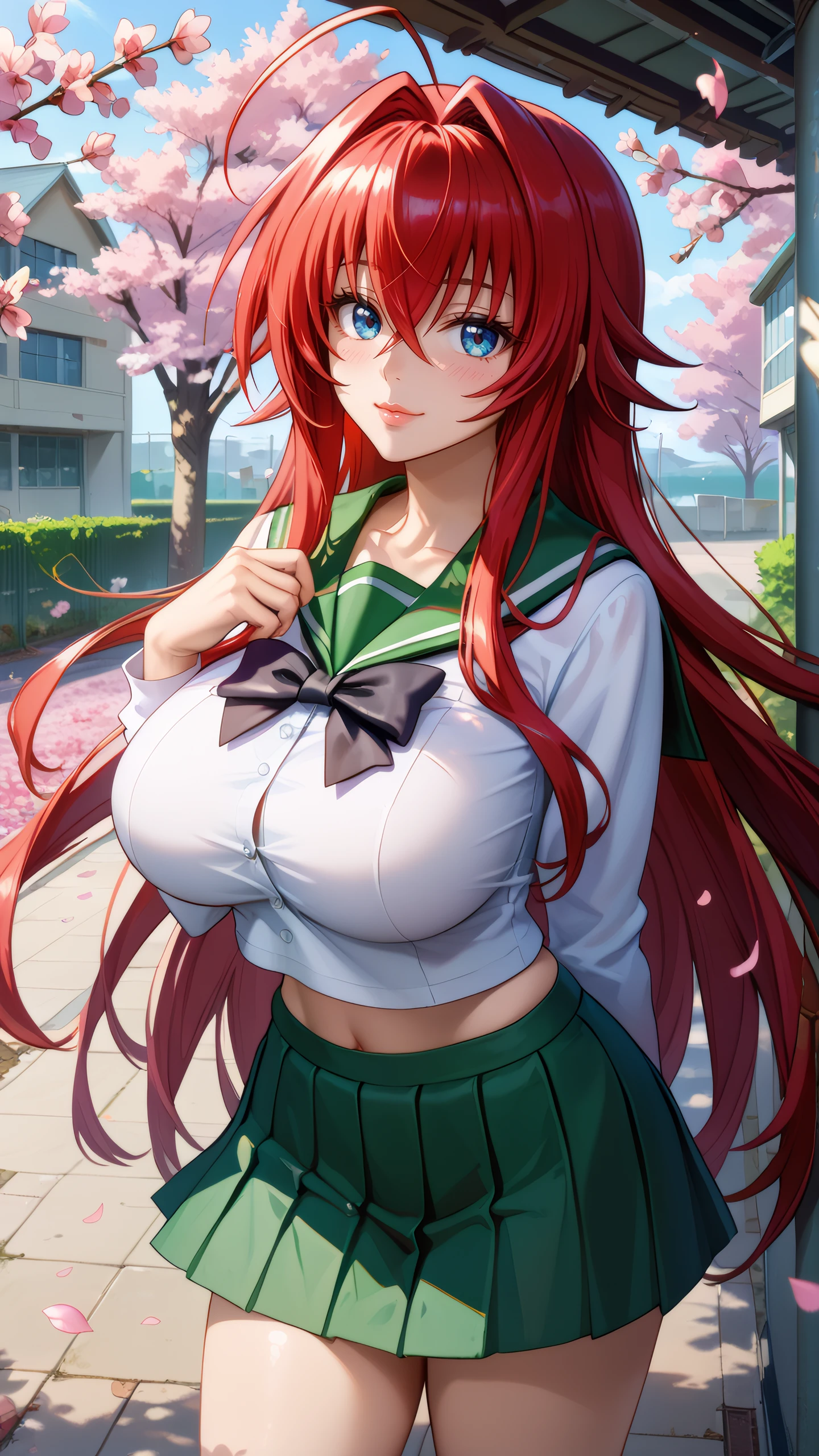 score_9, score_8_up, score_7_up, 1girl, looking at viewer, cowboy shot,
rias gremory, high school dxd, red hair, blue eyes, long hair, ahoge, hair intakes, hair between eyes, hotd_school_uniform, school uniform, serafuku, green skirt, pleated skirt, black bowtie, <lora:HOTD_Uniform_Dwnsty-000008:0.6>,
mature female, huge breasts, skindentation, lips, light smile, blush, 
outdoors, school yard, falling petals, cherry blossoms,