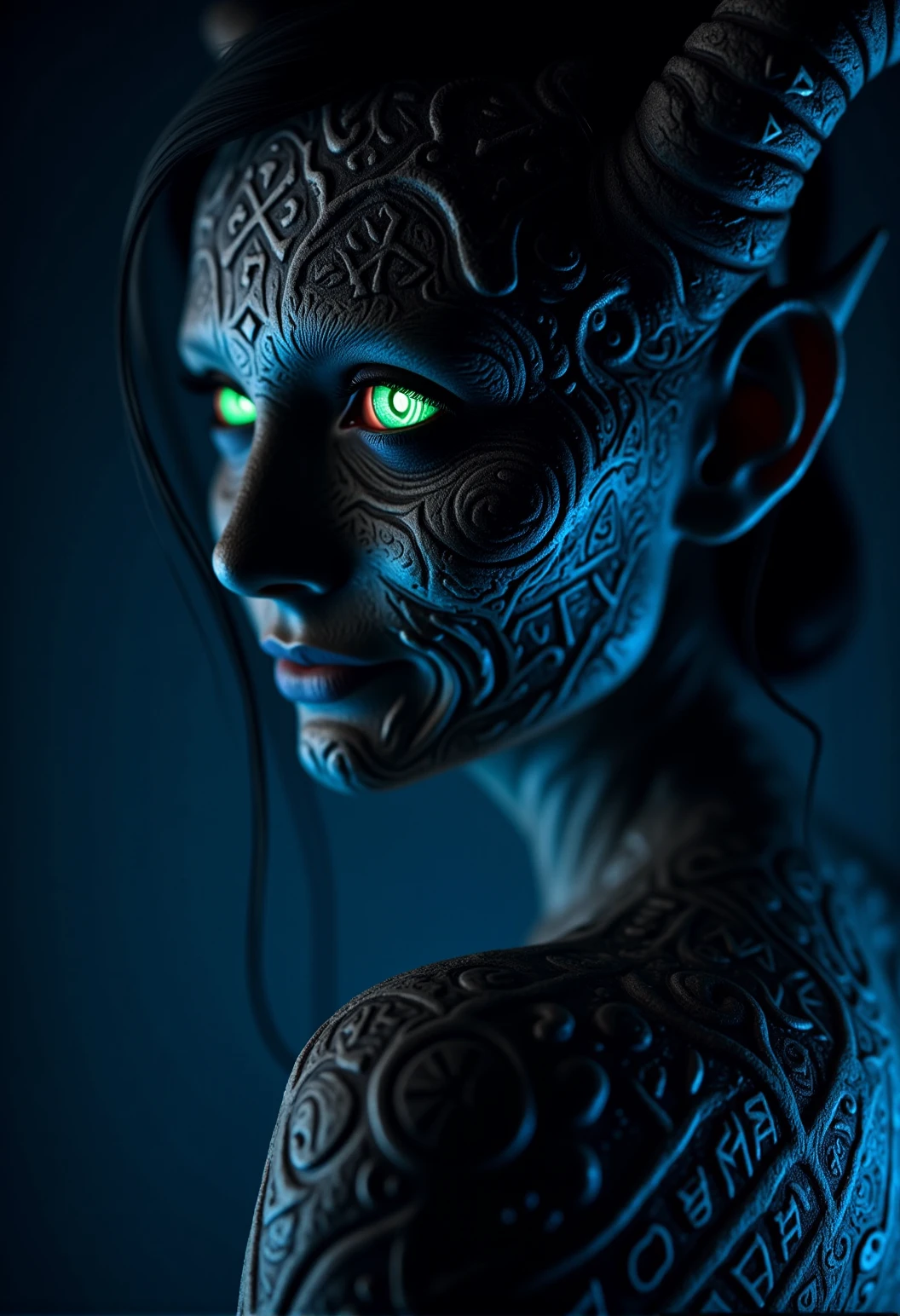 . A close-up shot of a female demon, seen from the side highlighting the intricate runes carved into her face, her eyes glowing with a cold, unsettling green light, filled with malice, her skin showing an uneven, gritty texture, with deep pores and small areas that look almost charred, lit by an eerie blue underlight that makes her features appear almost skeletal, <lora:bv-demonic-skin-runes.safetensors:0.7000000000000001:0.7000000000000001>