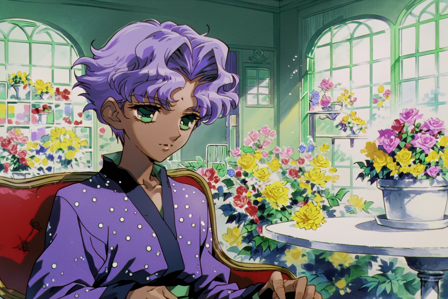 utenaki, young man, mamiya, dark skin, (short wavy purple hair), green eyes, embroidered robe, <lora:utenakiPXL:0.9>, interior greenhouse with colorful flowers,, (score_9, score_8_up, score_7_up)