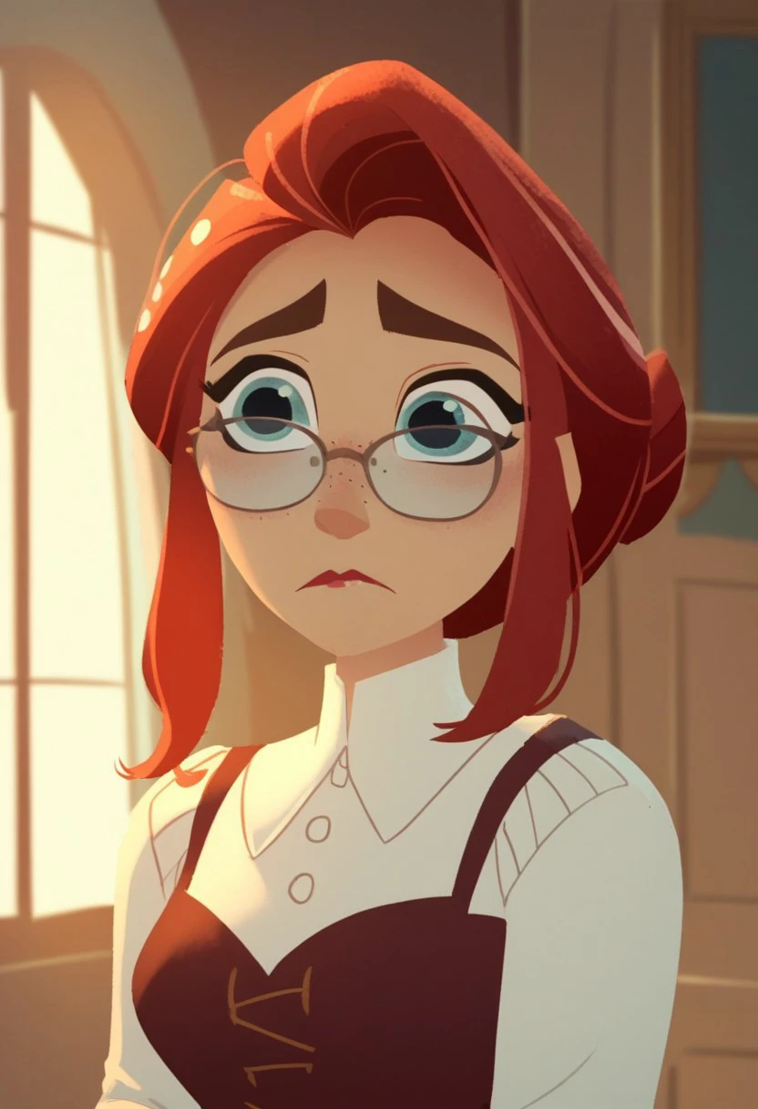 score_8_up, score_7_up, a woman with red hair, indoors, concerned expression, blue eyes, eyeglasses