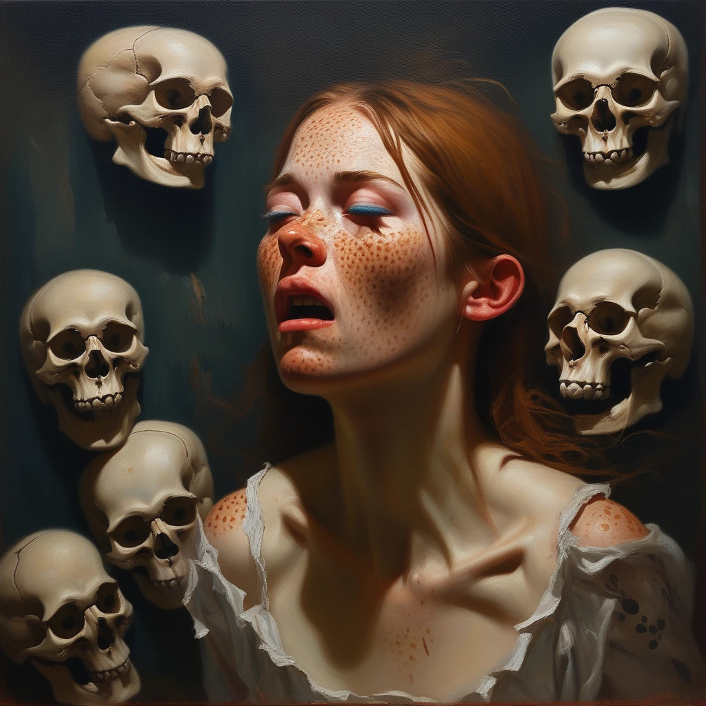 score_9, score_8_up, score_7_up oil painting of a freckled woman around her are seven skulls dreams ,shes looking panicked like a bad dream