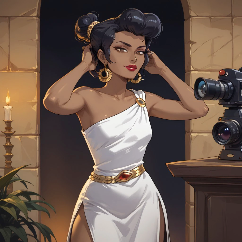 score_9, score_8, score_7, break, deliria_k, black hair, hair bun, dark-skinned female, jewelry, lipstick, earrings, dress, side slit, hands in hair, seductive, looking at camera