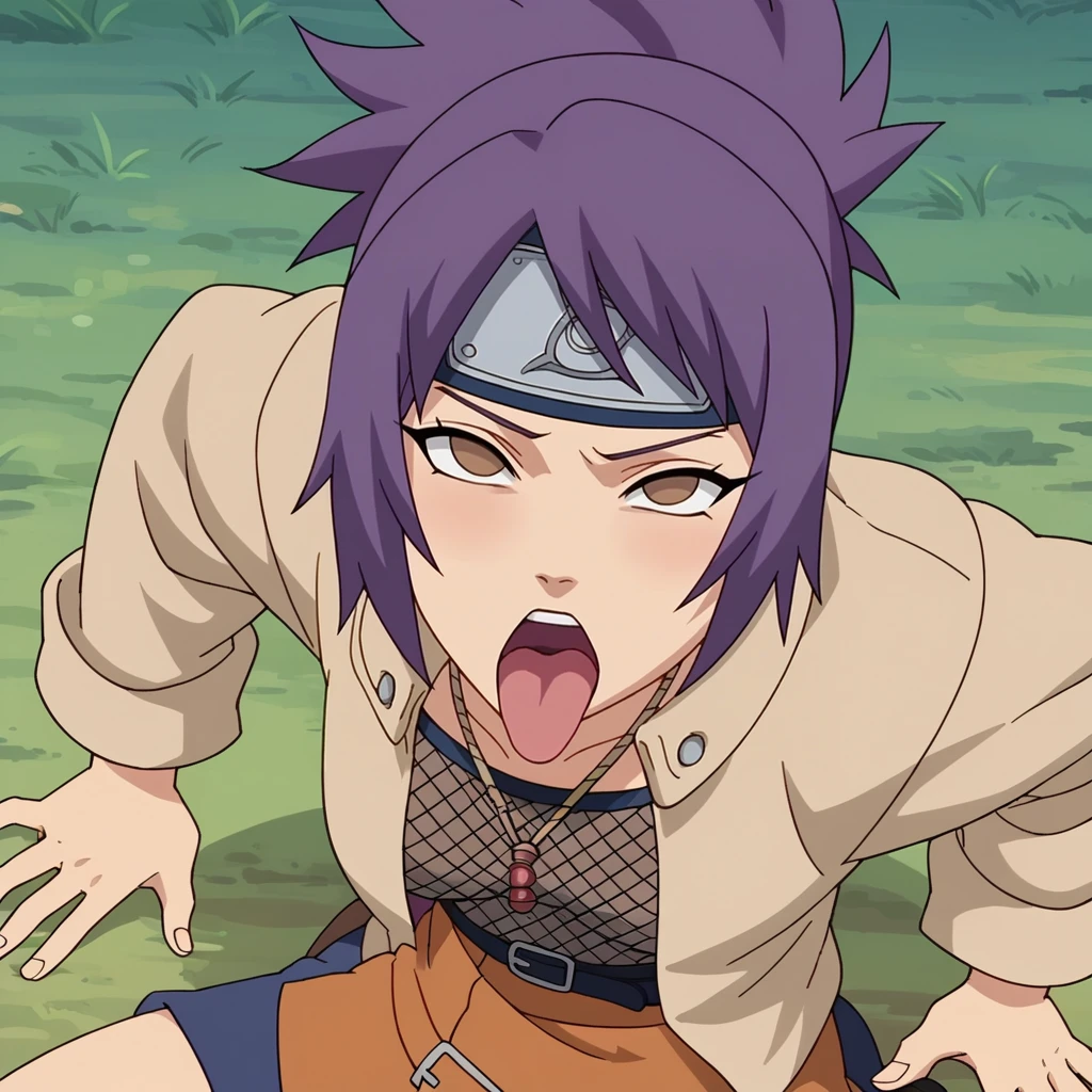 score_9, score_8_up, score_7_up, score_6_up, score_5_up, score_4_up, anime screencap, anime coloring, flat color, animification, <lora:Anko_Naruto-000007:0.8> , ank1, purple hair, ponytail,  brown eyes, no pupils, open jacket, fishnet top, necklace, skirt, forehead protector, shin guards, belt, fishnets, toeless footwear, BREAK pov, ahegao, looking up, tongue out, open mouth,