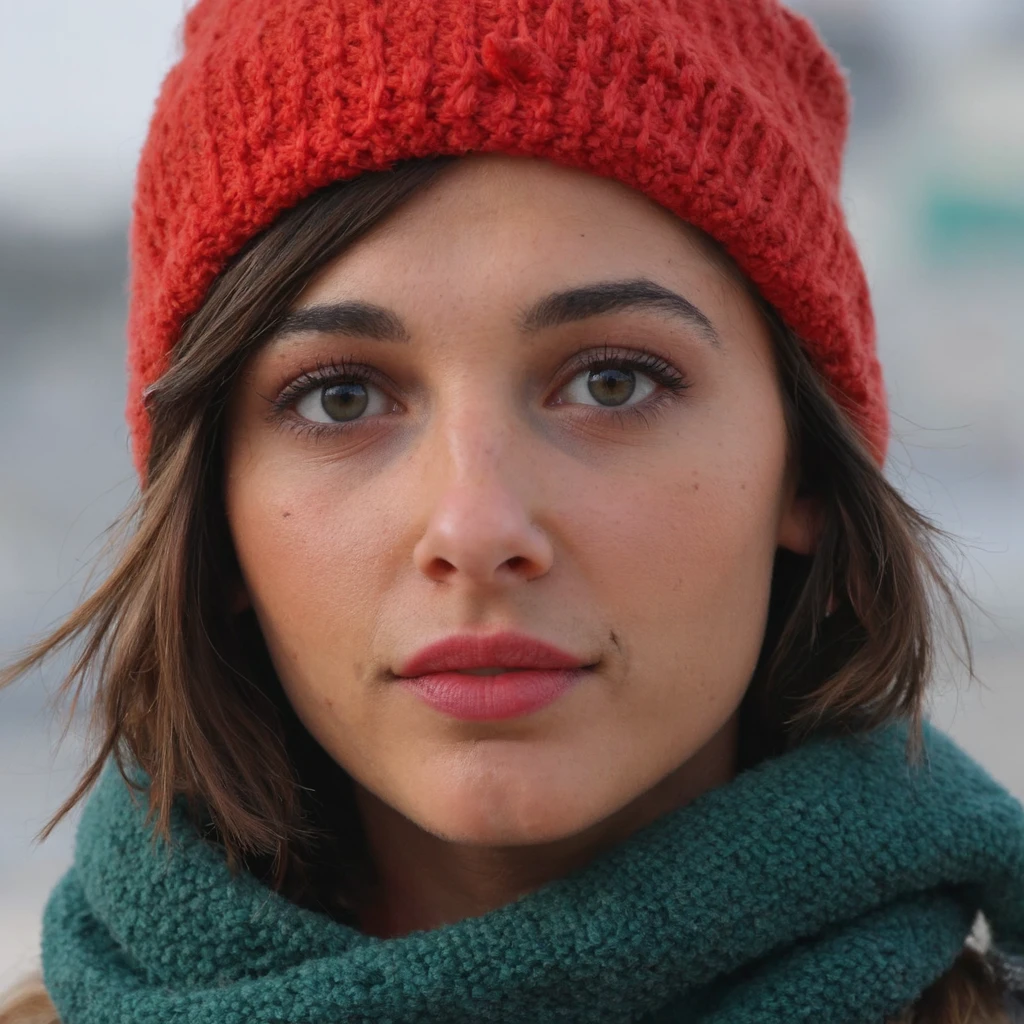 A close-up portrait of naomi_scott outdoors. She wears a bright red knitted beanie and a green scarf wrapped around her neck. Her striking blue eyes are accentuated by freckles. Her lips are painted a bold shade of red, and she has a neutral expression. The blurred background emphasizes the subject. The image style is candid and natural, capturing a serene moment.