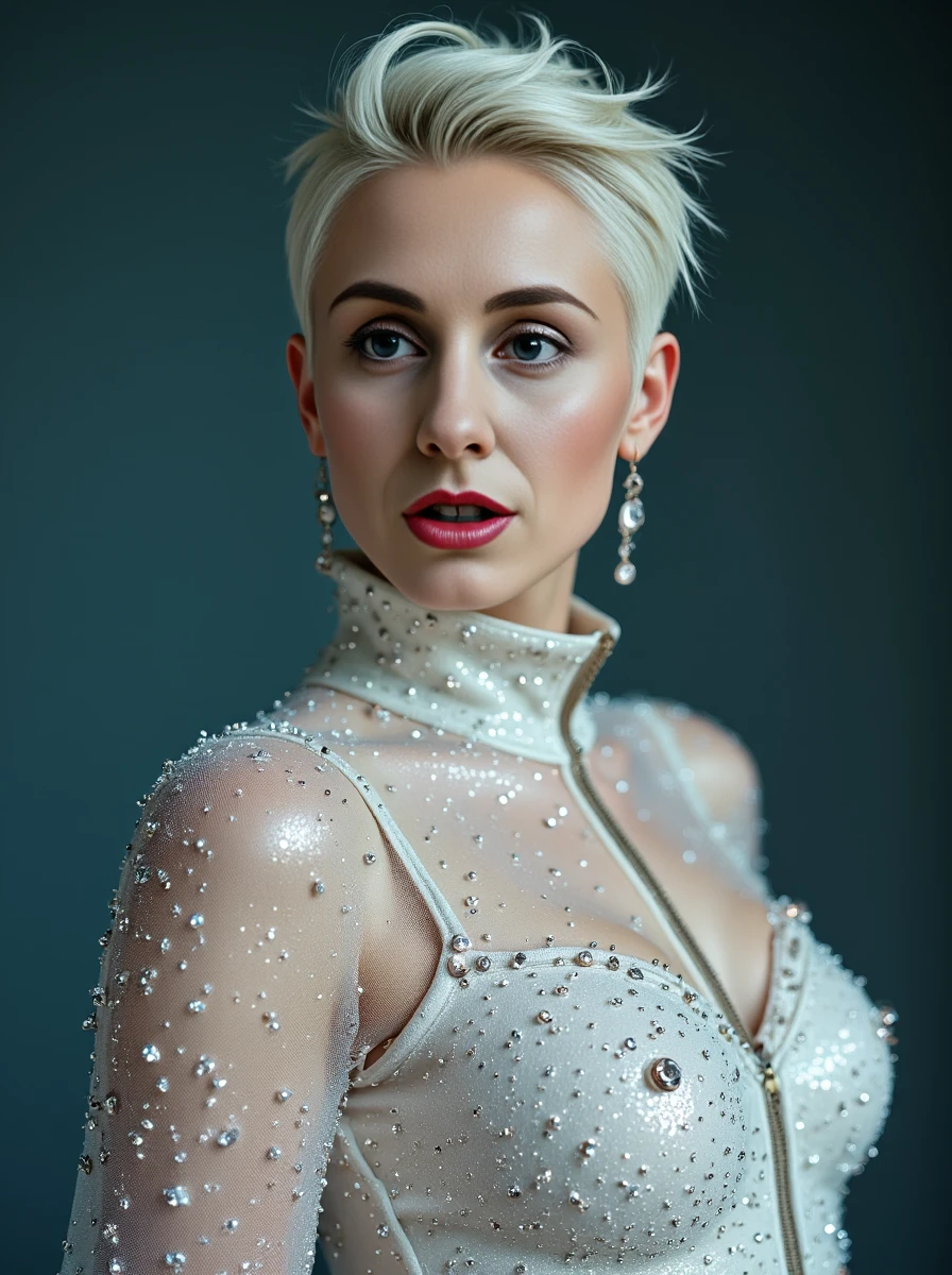 upper body portrait of a platinum-blonde woman. Her high detailed skin texture with skin details like pores, small hairs and subsurface scattering. She has sleek straight hair, side swept. Her expression is surprised. She is wearing a sparkly white jumpsuit with an exaggeratedly high collar, rhinestone-studded platform shoes, and a cape that spontaneously shoots out mini fireworks.professional photography, with cold color lighting. <lora:lisalora:1.2>