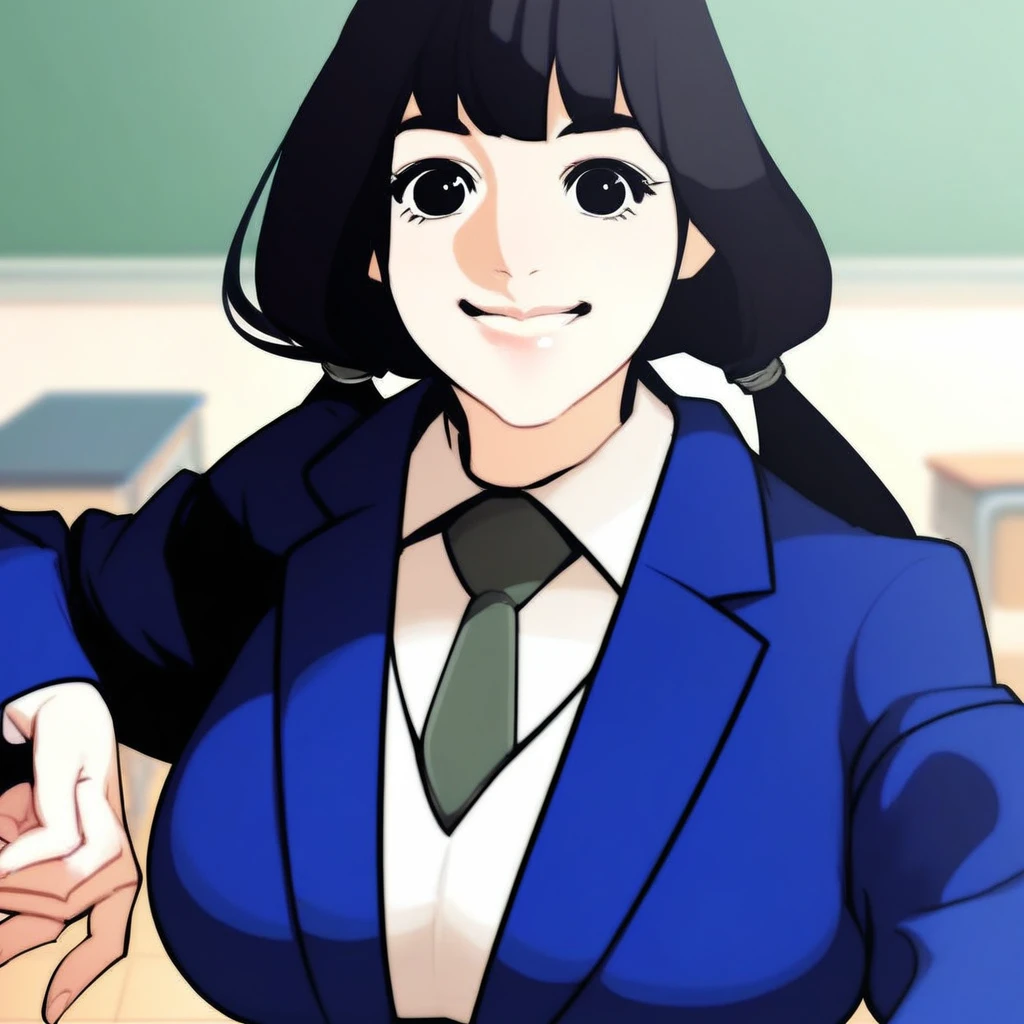 score_9, score_8_up, score_7_up, score_6_up, high res, high quality, dynamic pose, 1girl, solo, joyhong, black hair, black eyes, bangs, low twintails, long hair, large breasts, school uniform, blazer, blue jacket, green necktie, white shirt, upper body, looking at viewer, smile