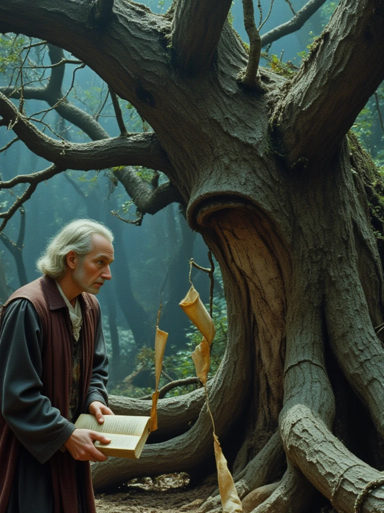 The Talking Tree of Secrets: An elderly sage, holding an ancient book, stands before the Talking Tree of Secrets, listening intently to its whispered wisdom, as magical scrolls fall from its twisted branches.  <lora:retro_film:1>