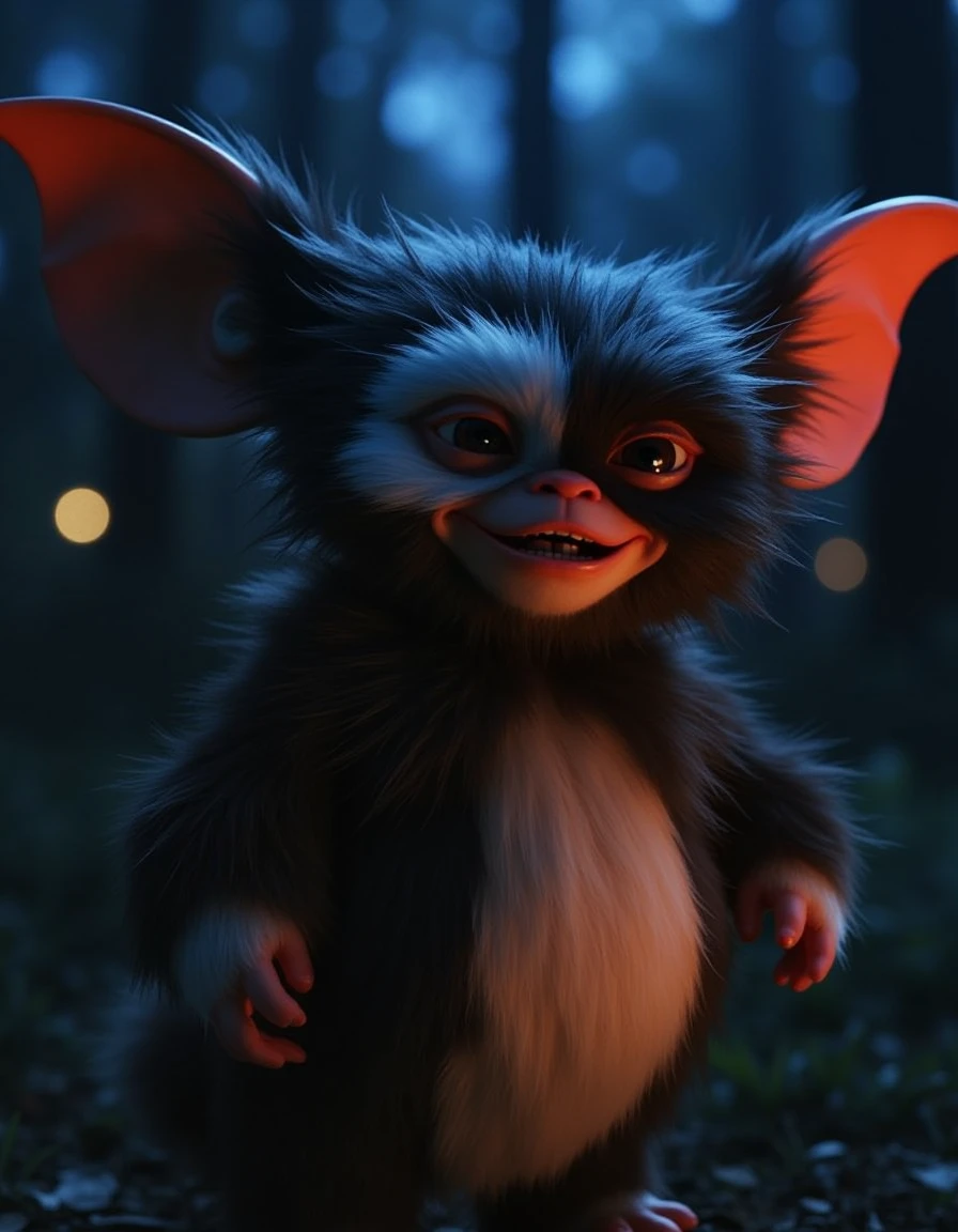 gzm, Cinematic, dreamy lighting, front facing view, at night, a fluffy gizmo, gizmo vampire, angry gizmo, highly detailed fur, ultra realistic, ultra realistic textures  <lora:gizmo-flux:1>