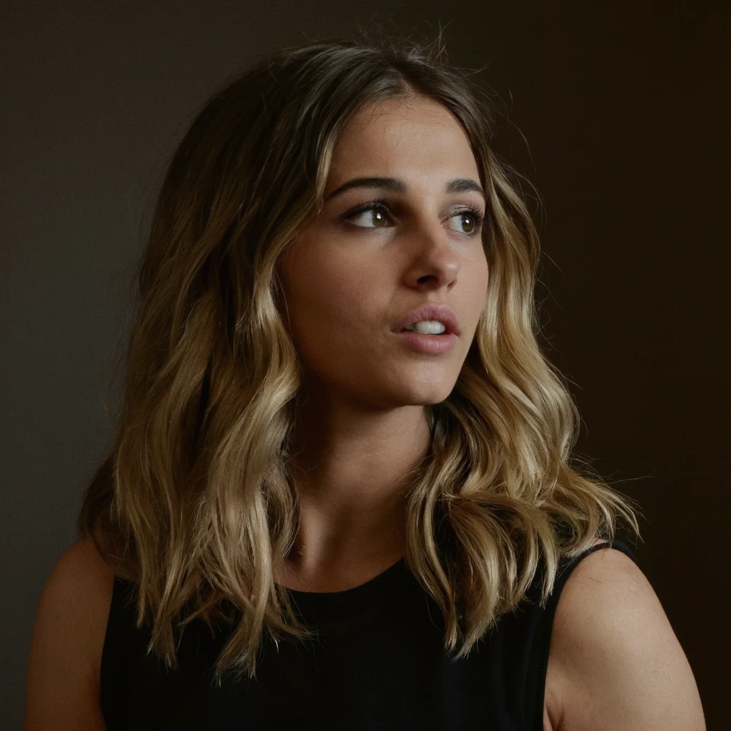 A portrait of naomi_scott with long, wavy blonde hair, captured in a side profile. She wears a black sleeveless top and her gaze is directed slightly to the side. The background is a muted, dark brown, contrasting with her blonde hair and skin tone. Soft lighting illuminates her face and hair, highlighting her features without harsh shadows. The image conveys a serene and contemplative mood.