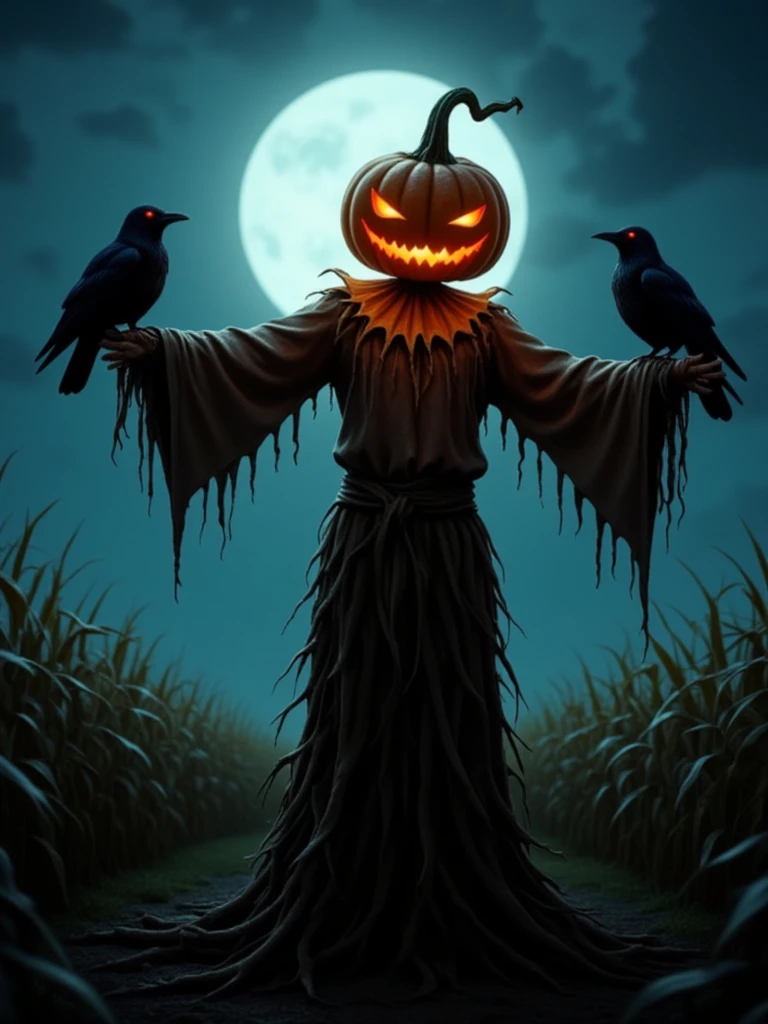 A pumpkin-headed scarecrow standing at the edge of a cornfield, its arms outstretched. The night is illuminated by the full moon, and crows perch on the scarecrow's shoulders, their eyes glowing red in the eerie light.