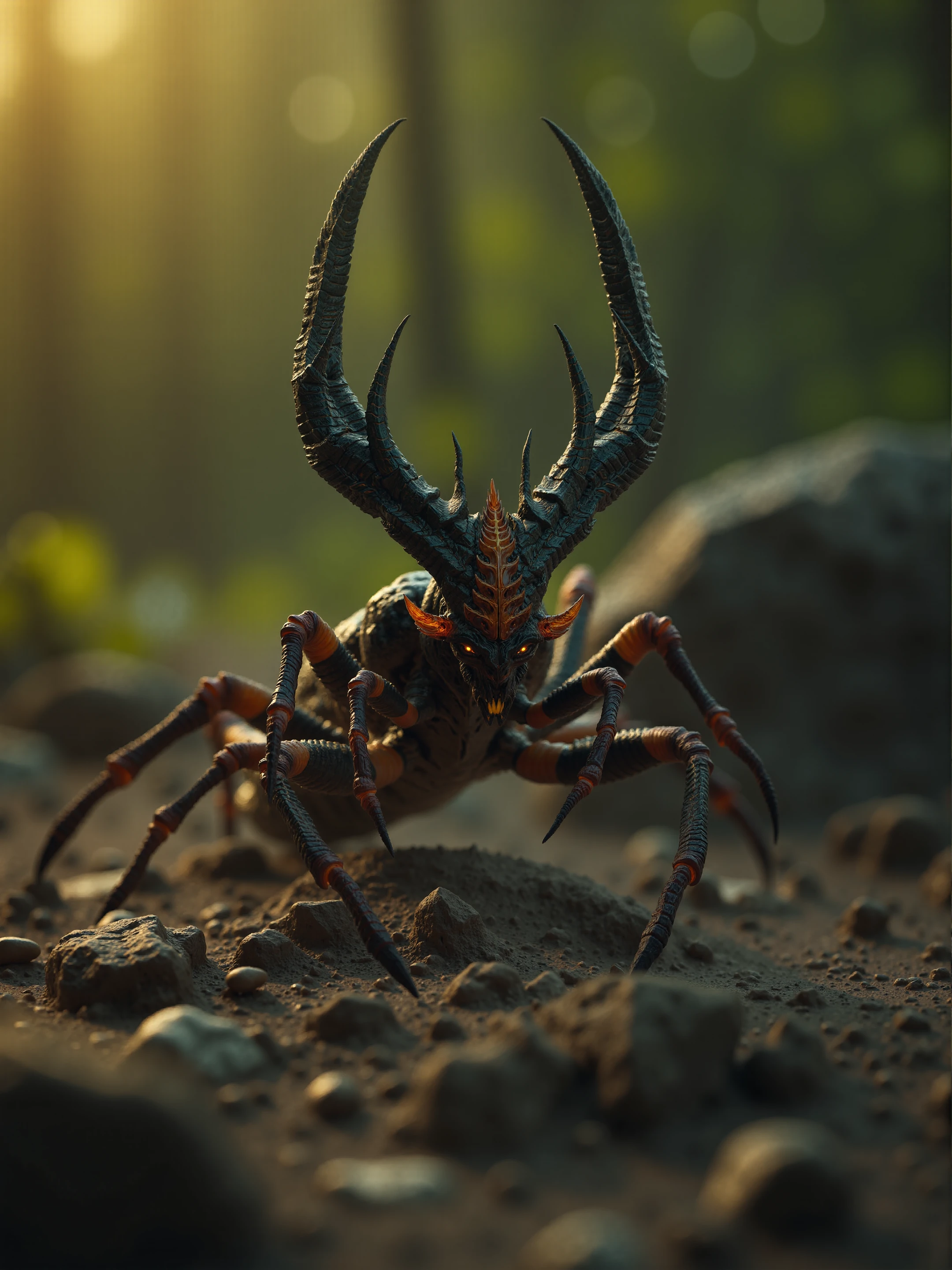 diablobylaushine,cinematic artwork of a tiny longhorn beetle crawling on mud basin