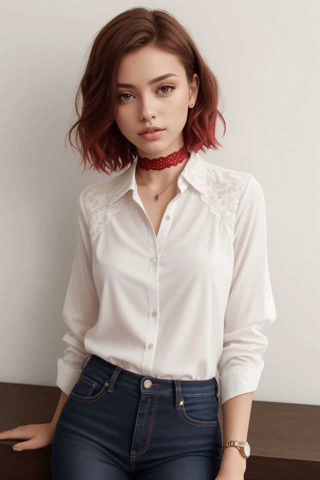 A young Brazilian girl with short red hair, styled in a sleek bob, wearing a white blouse tucked into black skinny jeans. The red lace choker adds a pop of color, and her light makeup gives off a fresh, minimalist vibe.