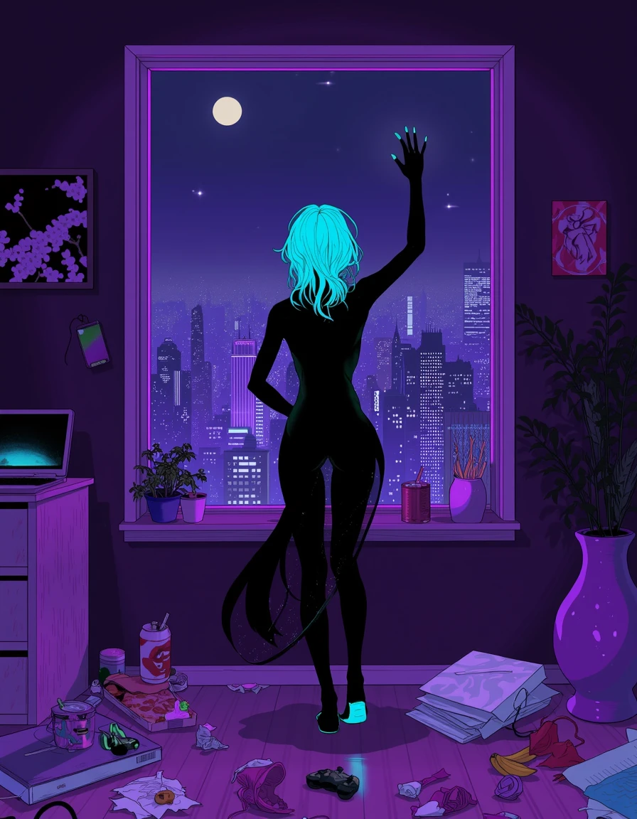 toha, girl standing in a purple gradient room with glowing cyan hair and nails with silhouette black skin and a translucent long dress with panties visible through it pressing her hand against a window looking out at a city at night with trash all over the floor like pizza box, shoes, game controllers, takeout chinese food, cans, bottles, laptop, folders, crumpled paper, cigarettes in ash tray, headphones, plants in purple gradient vase, cell phone illuminated, banana