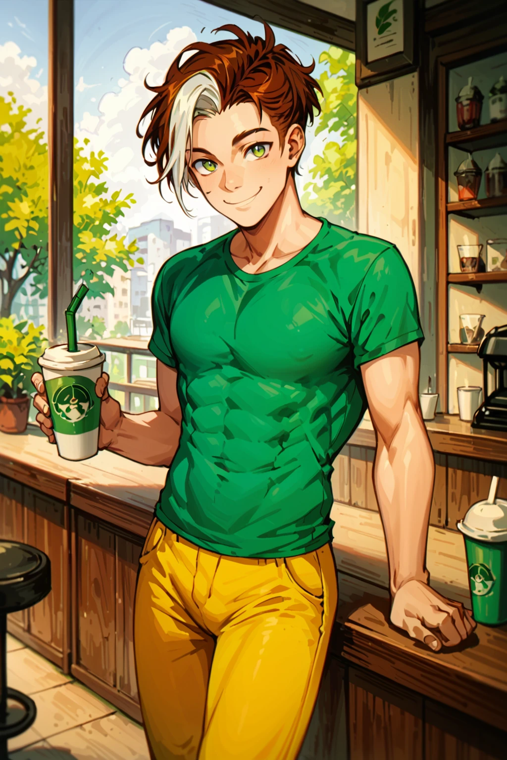 anime illustration, solo male, handsome face, slim-build, two-tone hair, auburn hair with white stripe, medium-length hair, sipping coffee, cafe, smile, green shirt, yellow pants, barefoot, <lora:nategreyP:0.7>, (score_9, score_8_up, score_7_up)