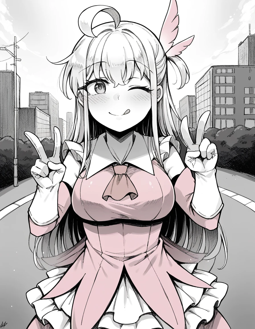 score_9, score_8_up, score_7_up, source_anime, <lora:flanvia-sister-manga-ponyxl-lora-nochekaiser:1>, sister, ahoge, bangs, long hair, side locks, monochrome, greyscale, large breasts,, <lora:prisma-illya-cosplay-ponyxl-lora-nochekaiser:1>, prismaillyacosplay, prisma illya (cosplay), dress, elbow gloves, feather hair ornament, feathers, frilled dress, frills, gloves, hair ornament, layered gloves, magical girl, orange ascot, pink dress, pink feathers, pink gloves, pink sleeves, white gloves,, cityscape, street, smile, blush, v, v over eye, one eye closed, tongue out, , cowboy shot, dutch angle,