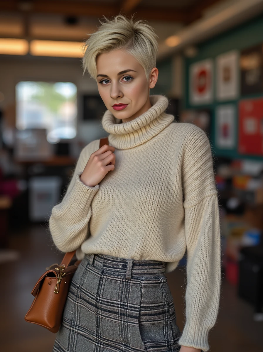 upper body portrait of a slender platinum-blonde woman. Her high detailed skin texture with skin details like pores, small hairs and subsurface scattering. She has short hair with an edgy cut. Her expression serious. She is wearing a laid-back vinyl record shopping trip outfit with a checkered skirt, a cozy turtleneck sweater, and ankle boots, paired with a leather crossbody bag.Shot from above, with warm color lighting. <lora:lisalora:1.2>, <lora:iphone-dev-6:0.8> iphone photo