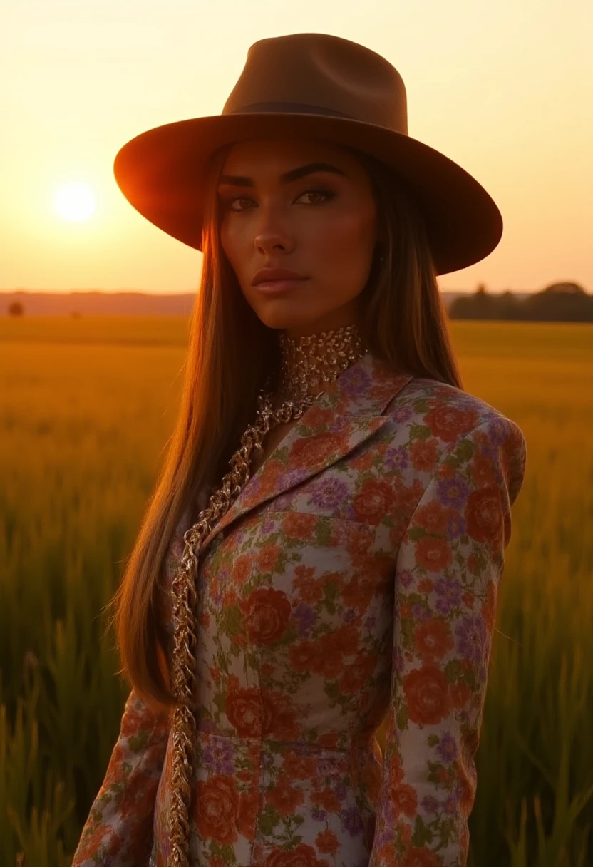 woman, heavy makeup, direct eye contact, at a peaceful countryside meadow at sunset. She’s wearing a floral, high-necked dress with long sleeves, and a wide-brimmed hat to shield her face from the sun, m4d1s0n