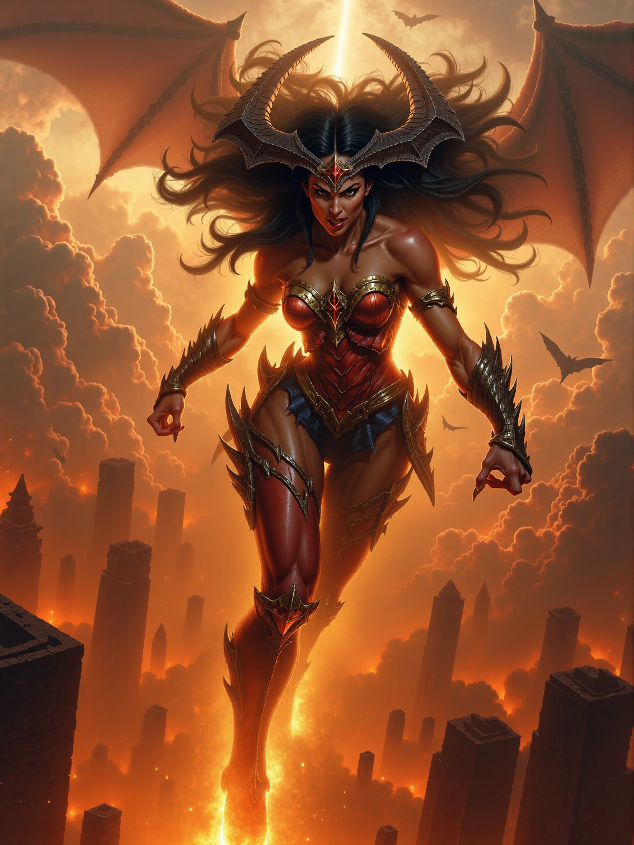 diablobylaushine,cinematic artwork of the wonder woman of DC jumping over a city,with demon-like armor,