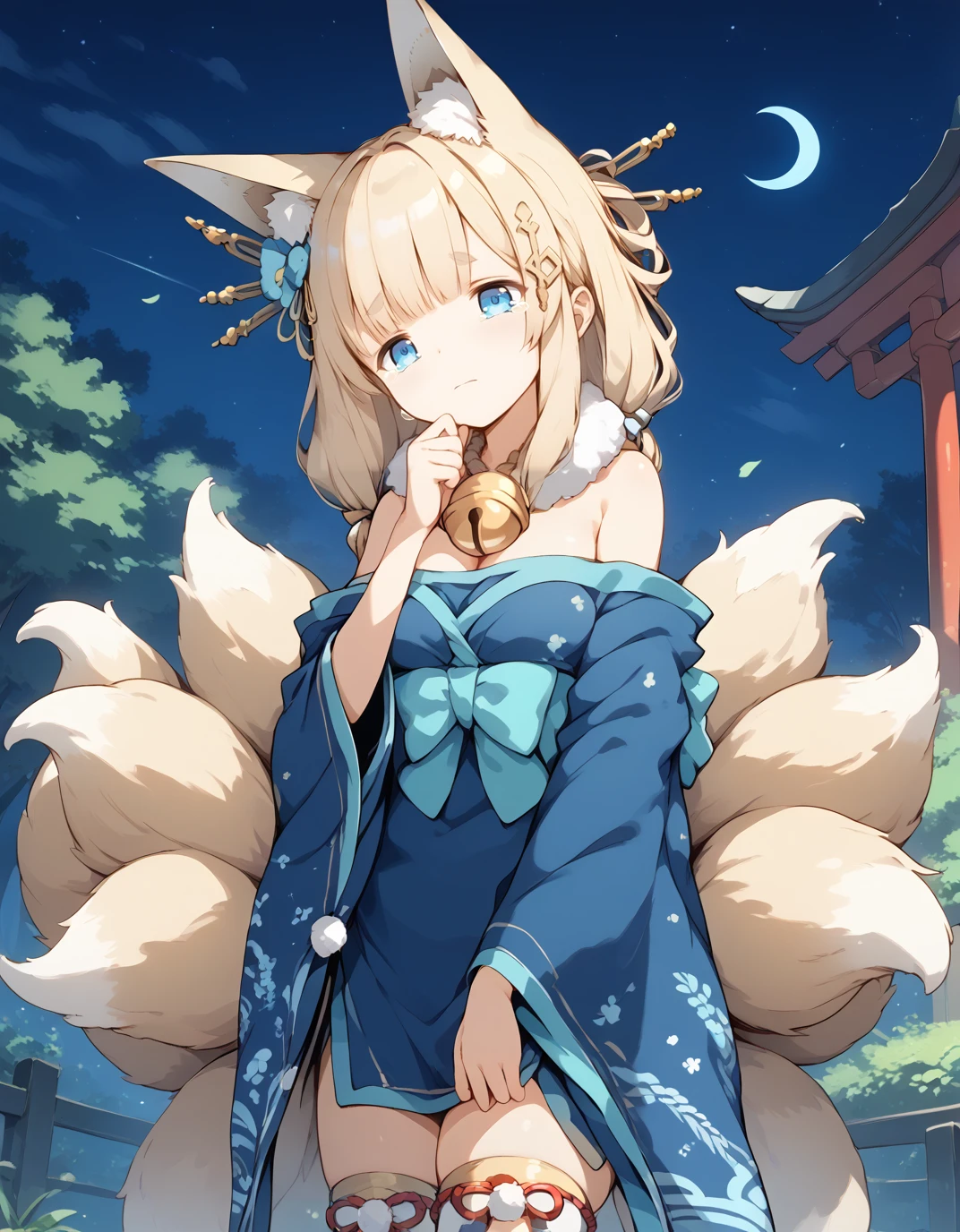 <lora:AzlaNiizuki_SDXL_pony_fp16_ver01:1>,AzlaNiizuki, 1girl, animal ears,bangs, blonde hair, multiple tails, hair ornament, bell, blue eyes, kimono, fur collar,bare shoulders,thighhighs,sad,tears,streaming tears, night sky, torii,forest,, score_9, score_8_up, score_7_up, BREAK source_anime, rating_questionable, best quality, masterpiece, uncensored,<lora:pony_good_hands:1>,good_hands ,[pony diffusion V6 is trained by PurpleSmartAI:100]