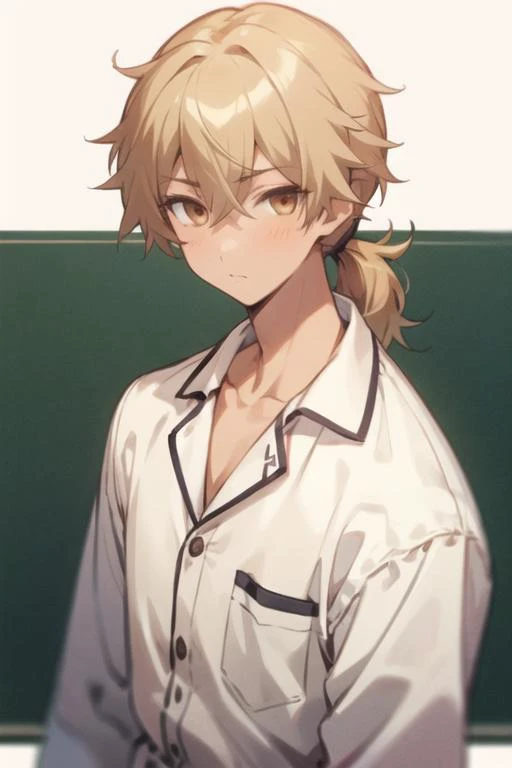 masterpiece, best quality, high quality, 1boy, solo, male focus, looking at viewer, upper body, <lora:ashura_kokuhou:0.62>, ashura_kokuhou, brown eyes, blonde hair, ponytail, , pajamas