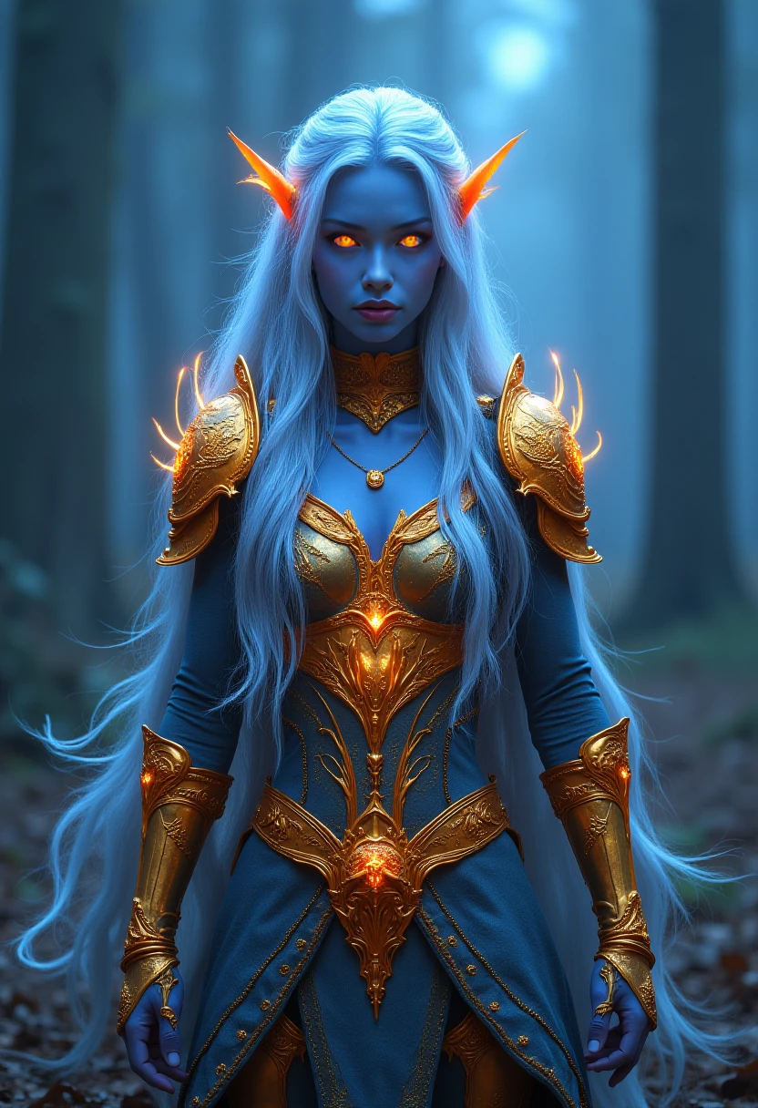 full body shot , Portrait of a fierce elf warrior with glowing golden armor, ethereal blue skin, flowing silver hair, and piercing violet eyes. Set against a twilight forest background, the scene is illuminated by soft, mystical light filtering through the trees. The elf's armor is intricately designed with magical runes, slightly worn from battle, but still radiating power. ultra face details, capturing the intense gaze and elegance of the warrior. Highly detailed, 8k resolution, fantasy realism, mystical atmosphere, dramatic lighting, enchanted environment. view from front dquarkeen <lora:FLUX_DQuarkeen_LoRA-000003:1>