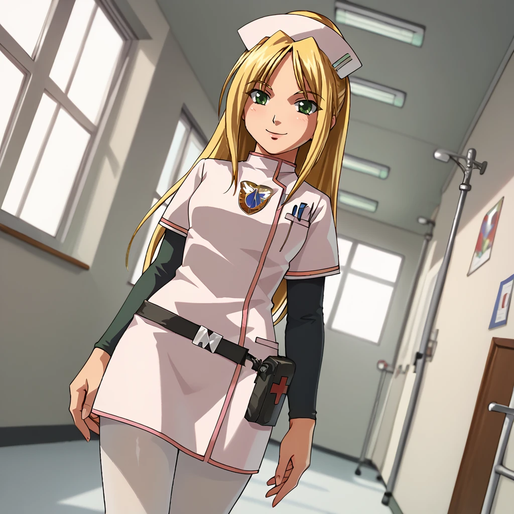 score_9, score_8_up, score_7_up, 1girl, solo, uncensored, angelathompson, smile, looking at viewer, dutch angle, blonde hair, green eyes, nurse cap, white nurse uniform, black sleeves, white pantyhose, indoors, hospital, hallway, window <lora:AngelaThompsonXL_v1.0:1>