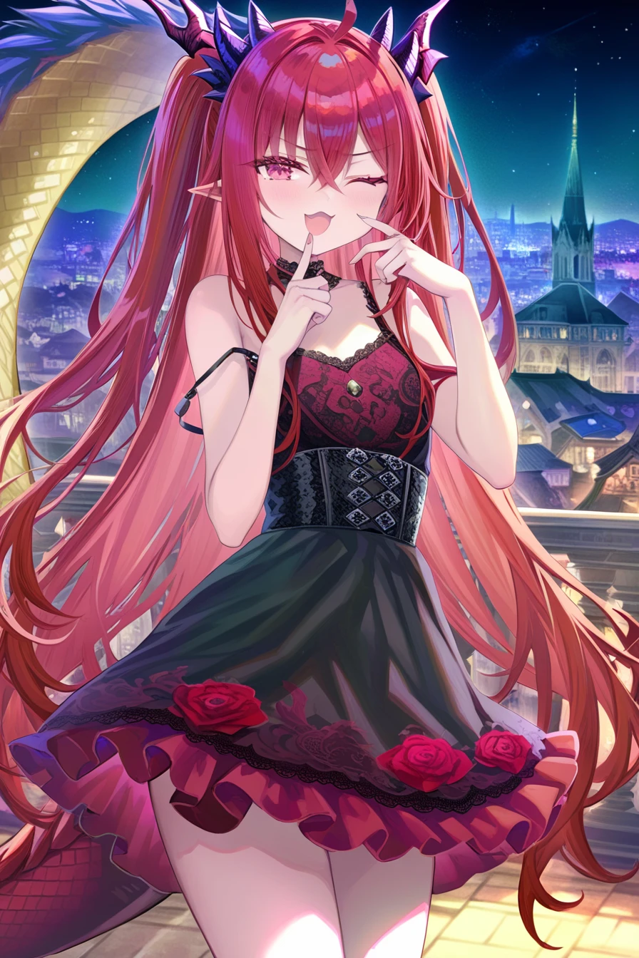 fuzichoco,torino aqua,rurudo,qys3,<lora:SUMG:1.1>,
naughty, smile,(provocatively) ,(Disdainfully), smile, open mouth,Hand to mouth,(SMUG),solo,masterpiece, best quality, smug, naughty_face, eyelid pull ,open mouth,
two side up,standing,hair flowing over,eyelid pull, evil smile,rooftop,night, finger to eye,:p,strap slip,dress lift,
masterpiece, newest, absurdres,SUMG,
red hair,character design, masterpiece, best quality, highly detailed, illustration, beautiful detailed girl, (1girl, solo, full body,:1.1), (European dragon girl:1.2),pink eyes, hair between eyes, very long hair, red hair,hair tucking, head tilt, external,(one eye closed:1.2),(dragon horns:1.3),Characters occupy the main body,(dragon tail:0.8),