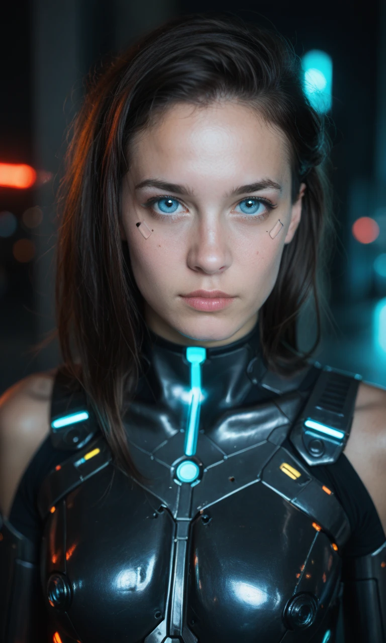 score_9, score_8_up, score_7_up, score_6_up, score_5_up, score_4_up, realistic, photo, dynamic angle, dramatic shadows, high quality, detailed face eyes and skin,BREAK, cyberpunk, cyborg, cyberpunk background, neon, (mechanical body:1.1), detailed full cyborg body parts, glowing body parts, blue lights, cinematic portrait photo, young woman with (shoulder-length:0.6) brunette hair and glowing blue eyes, wearing a black formfitting high-tech futuristic outfit and pants