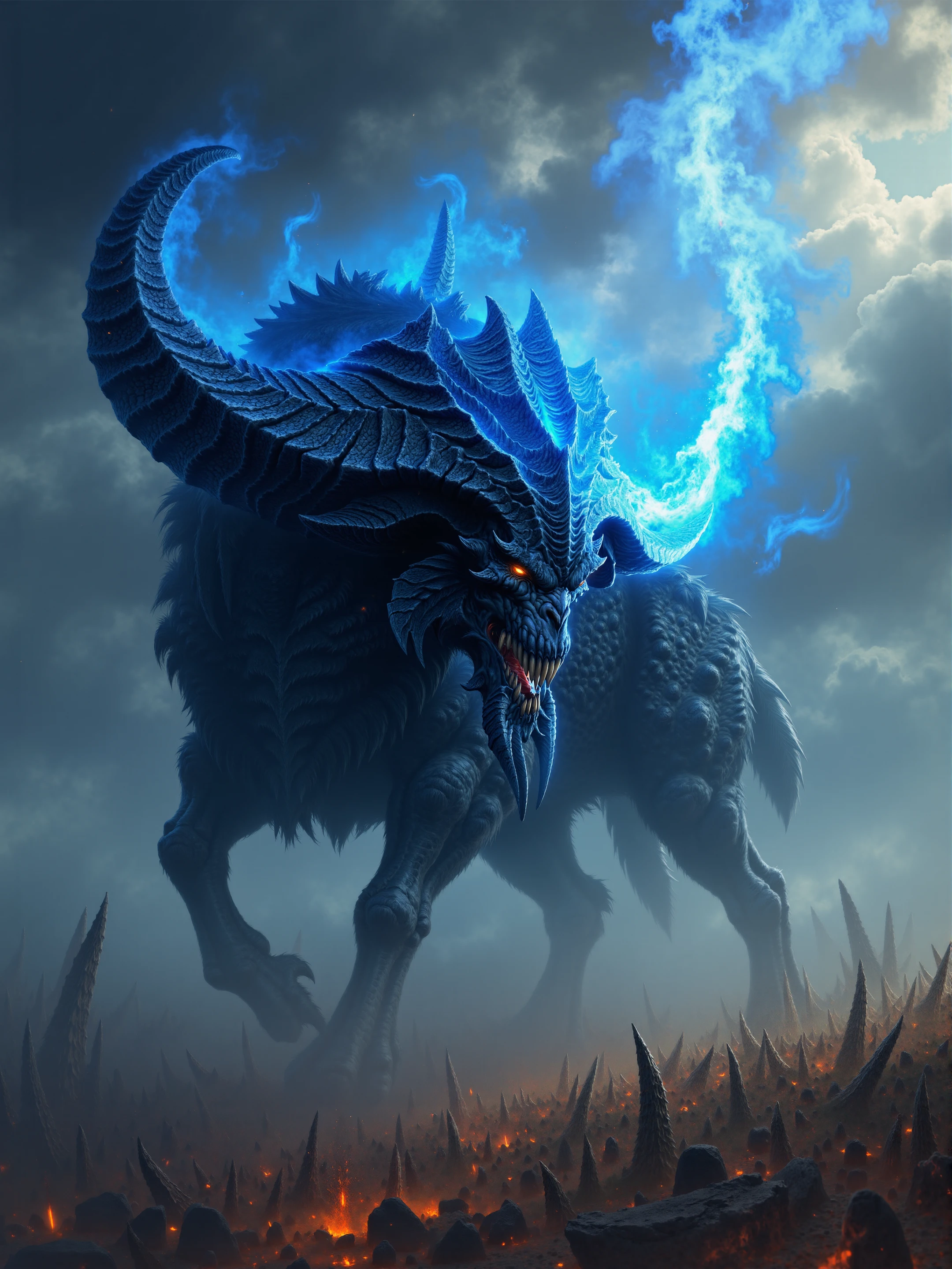 diablobylaushine,photorealistic artwork of a demon-Bison on prairie,with blue flame around