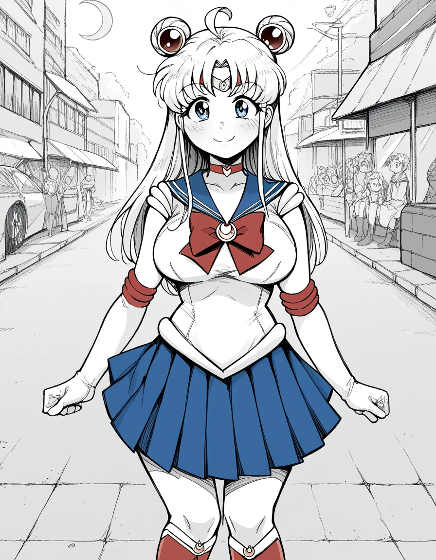 score_9, score_8_up, score_7_up, source_anime, <lora:flanvia-sister-manga-ponyxl-lora-nochekaiser:1>, sister, ahoge, bangs, long hair, side locks, monochrome, greyscale, large breasts,, <lora:sailor-moon-cosplay-ponyxl-lora-nochekaiser:1>, sailormooncosplay, sailor moon (cosplay), back bow, blue sailor collar, blue skirt, boots, bow, brooch, choker, crescent moon, elbow gloves, gloves, jewelry, knee boots, magical girl, pleated skirt, red bow, red choker, ribbon, sailor collar, sailor senshi uniform, skirt, white gloves,,, outdoors, streets, smile, blush, , cowboy shot, dutch angle,