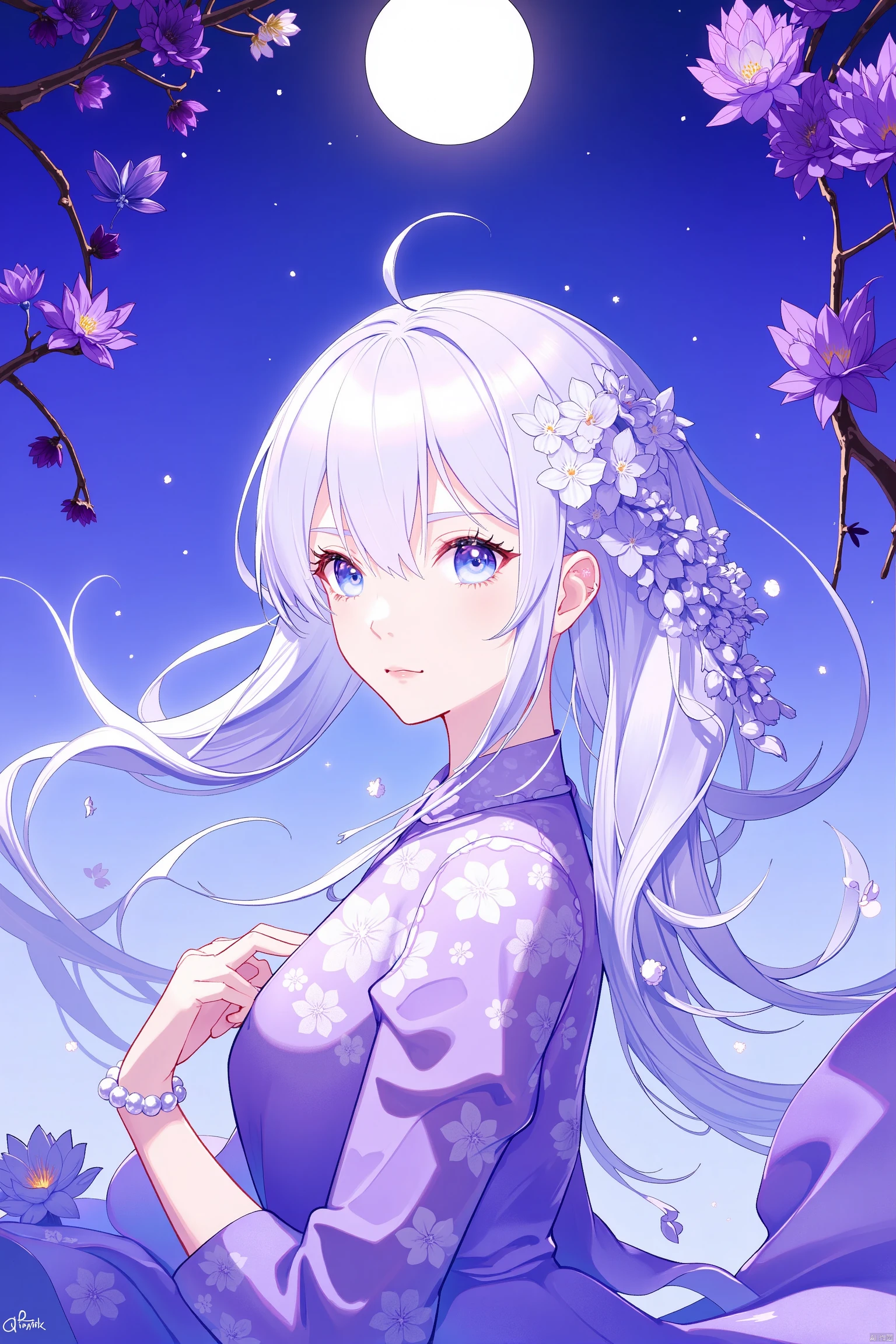 An animated image of a girl with long white hair and blue eyes. The girl is wearing a purple dress with white and blue flowers on it. There are purple butterflies on the right side of the image. There is a tree branch with purple flowers on the left and right of the girl. The tree branch is on the top right corner and there is a moon in the upper left corner of the frame. The moon is white in color and there are small white stars in the middle of the sky.